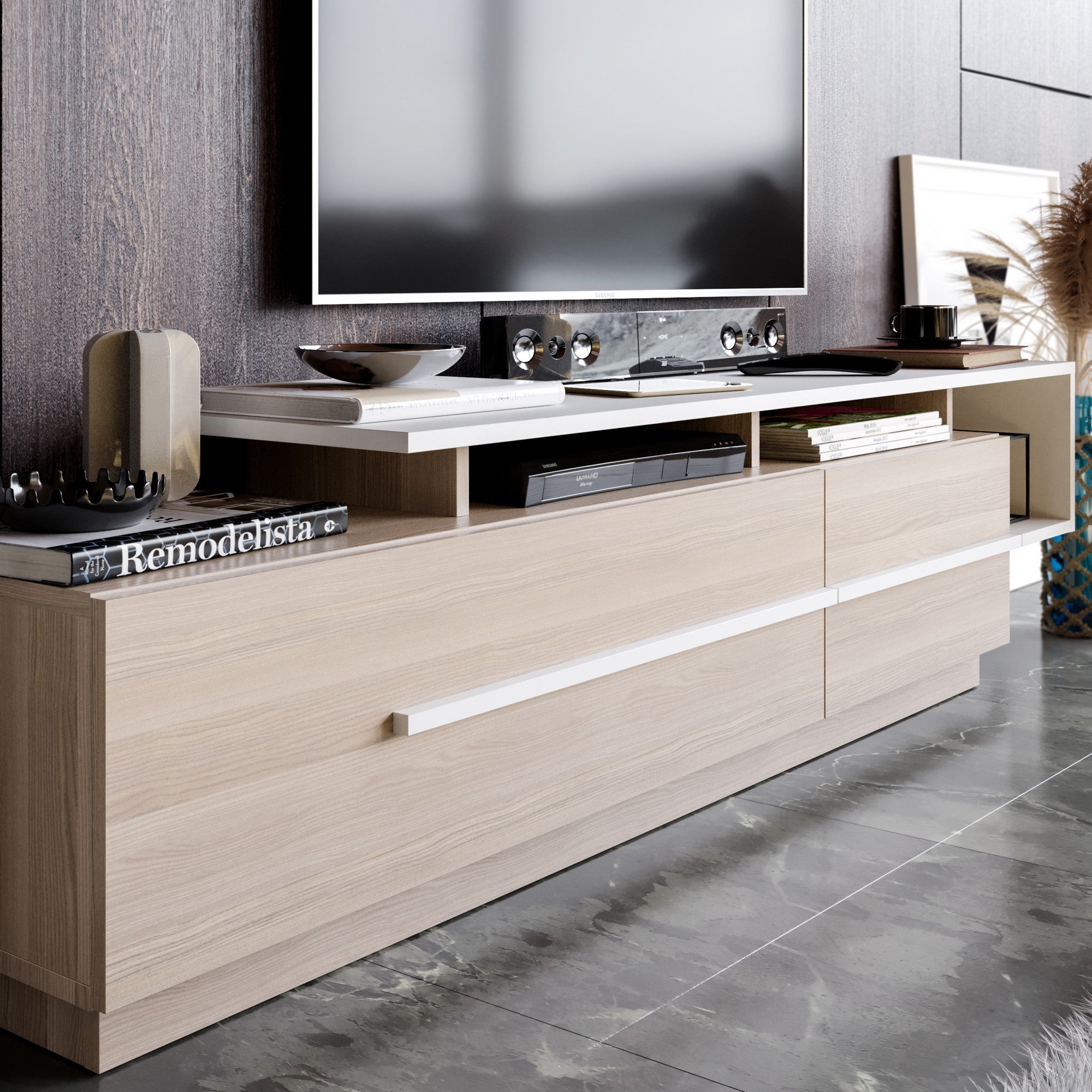 Suporte de TV moderno com opção de montagem na parede, Cordoba e Branco, 180 cm | Painel de partículas 100% revestido de melamina, 18 mm de espessura | Design elegante com várias prateleiras