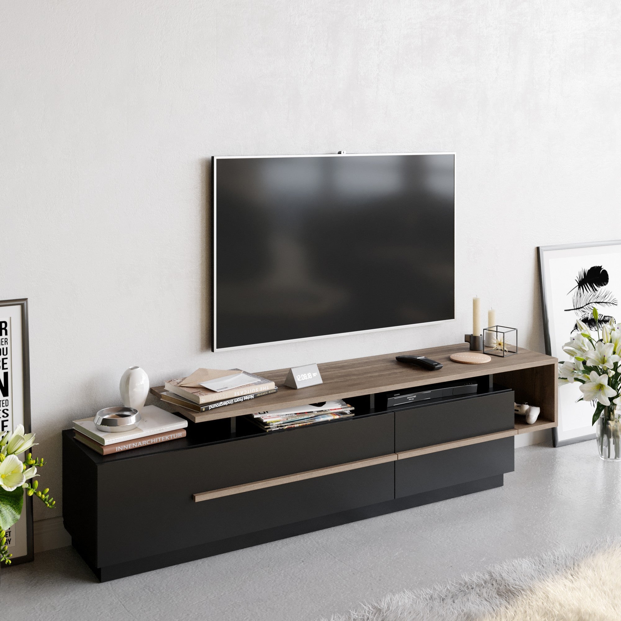 Suporte de TV moderno com opção de montagem na parede, preto e nogueira, 180 cm | Painel de partículas 100% revestido de melamina, 18 mm de espessura | Design elegante com várias prateleiras
