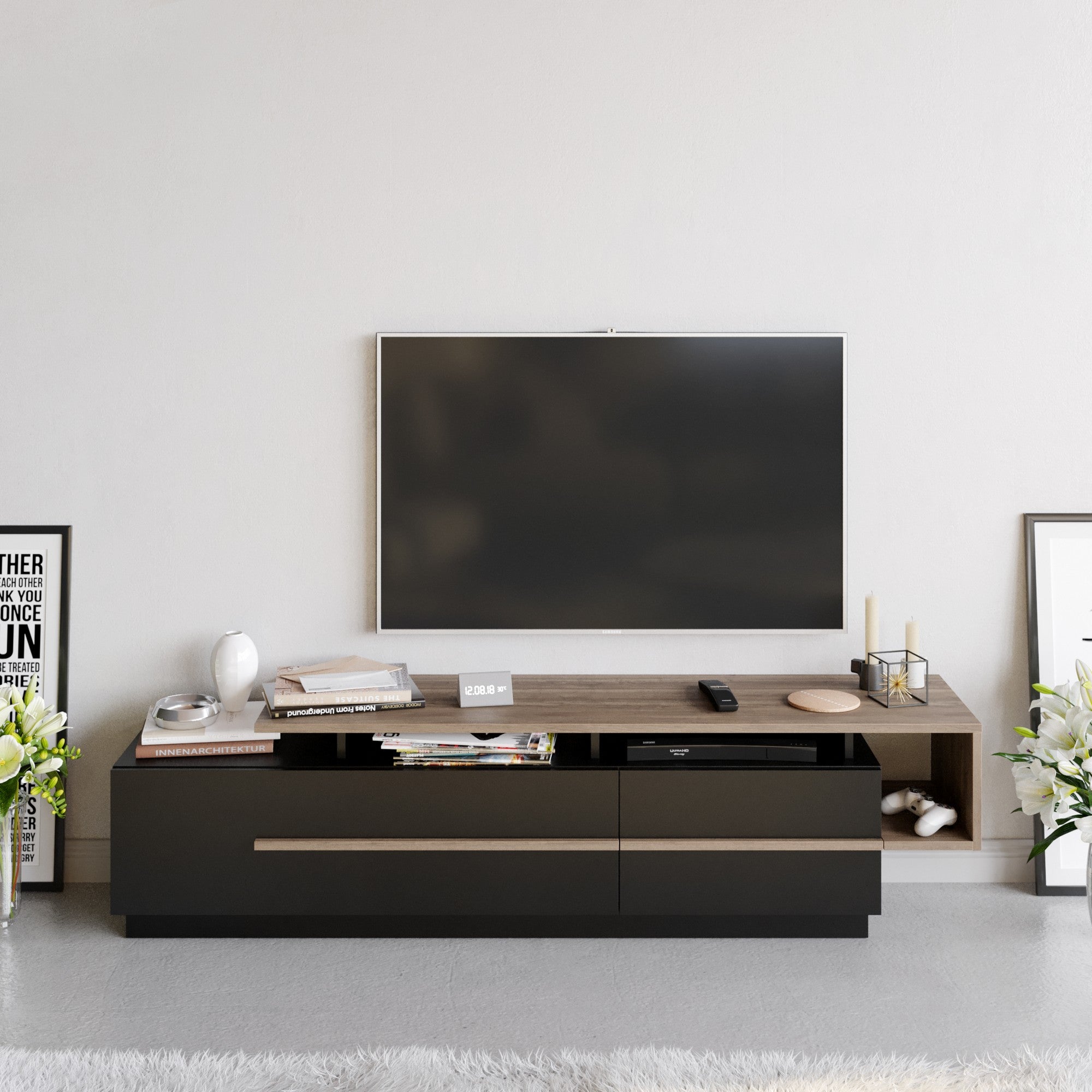 Suporte de TV moderno com opção de montagem na parede, preto e nogueira, 180 cm | Painel de partículas 100% revestido de melamina, 18 mm de espessura | Design elegante com várias prateleiras