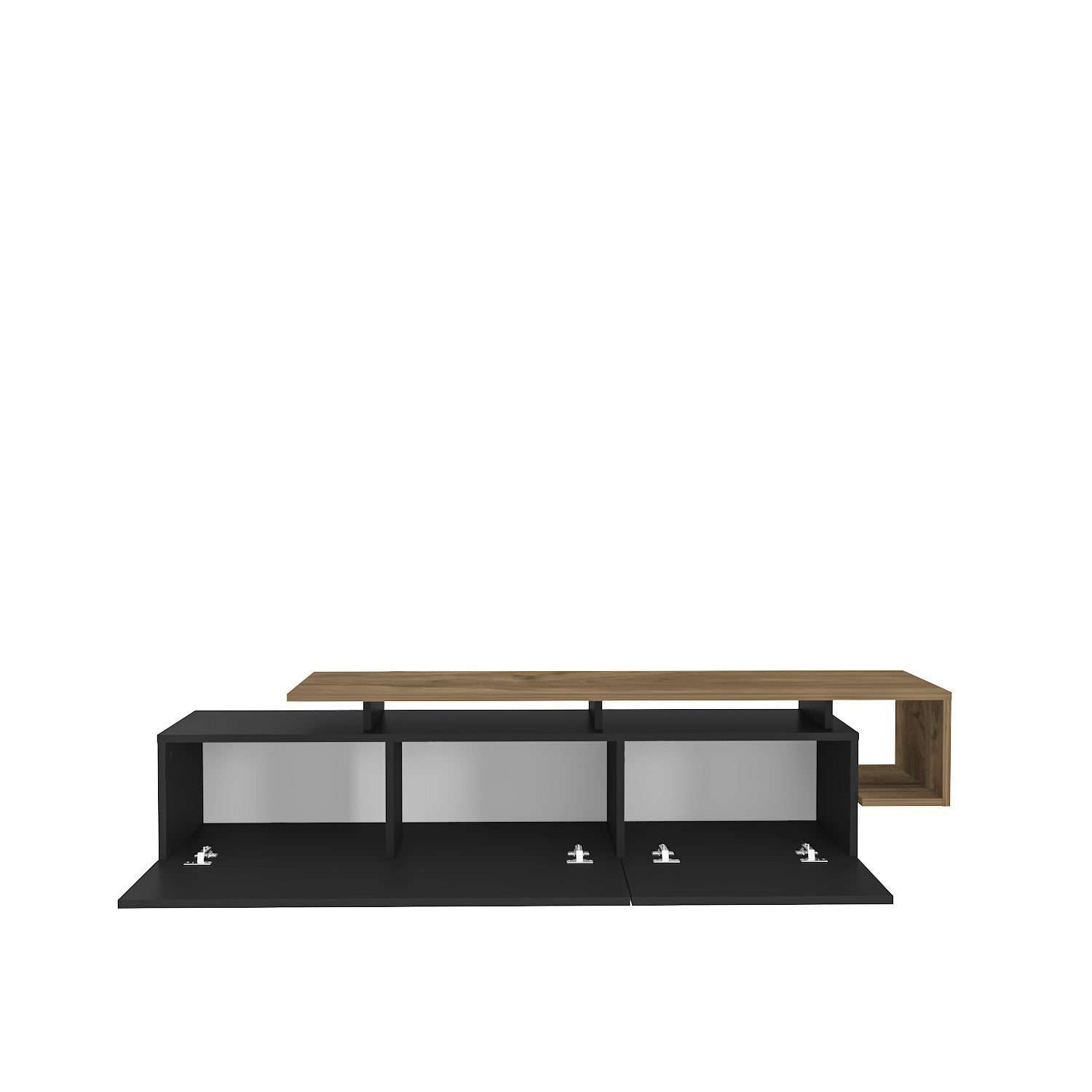 Suporte de TV moderno com opção de montagem na parede, preto e nogueira, 180 cm | Painel de partículas 100% revestido de melamina, 18 mm de espessura | Design elegante com várias prateleiras