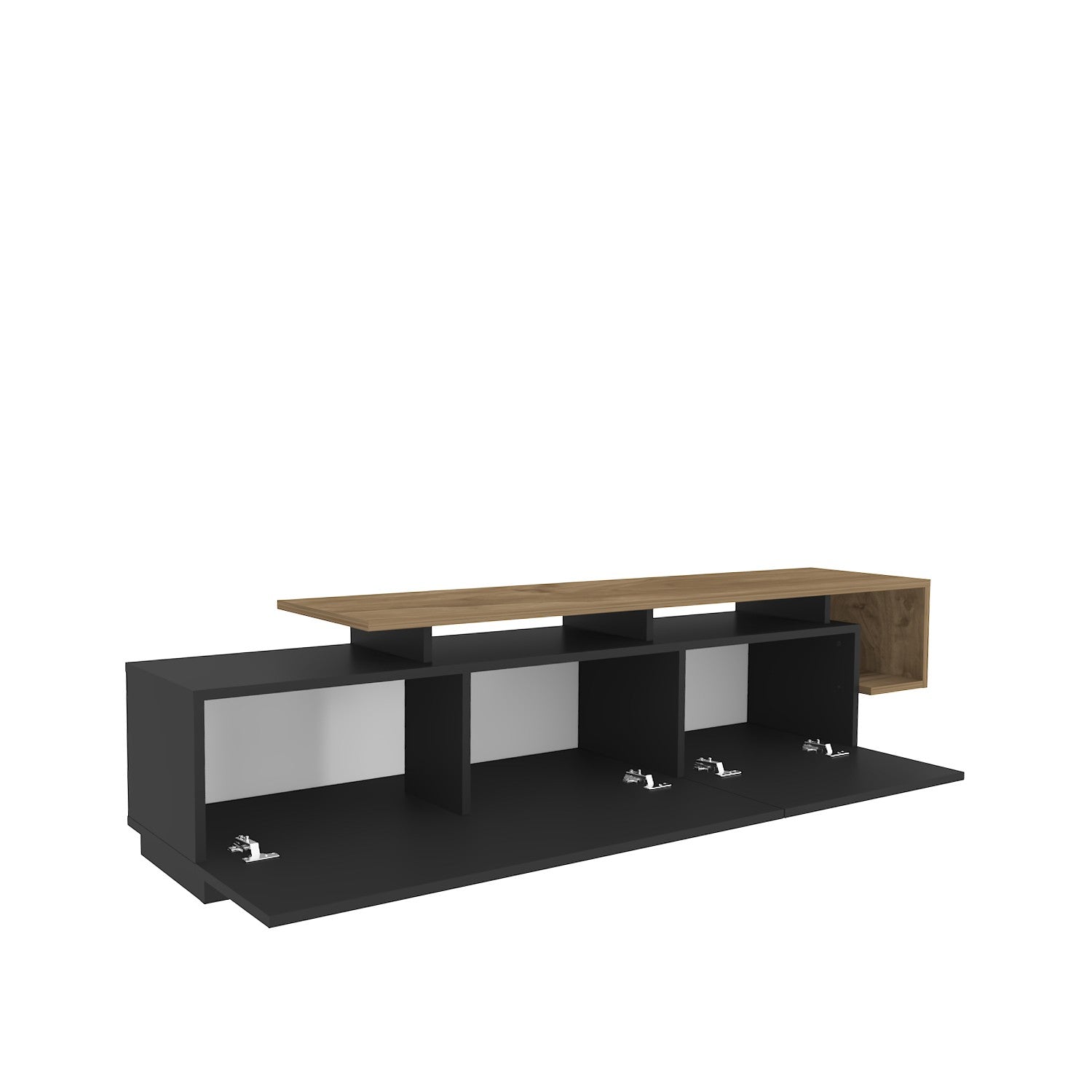 Suporte de TV moderno com opção de montagem na parede, preto e nogueira, 180 cm | Painel de partículas 100% revestido de melamina, 18 mm de espessura | Design elegante com várias prateleiras