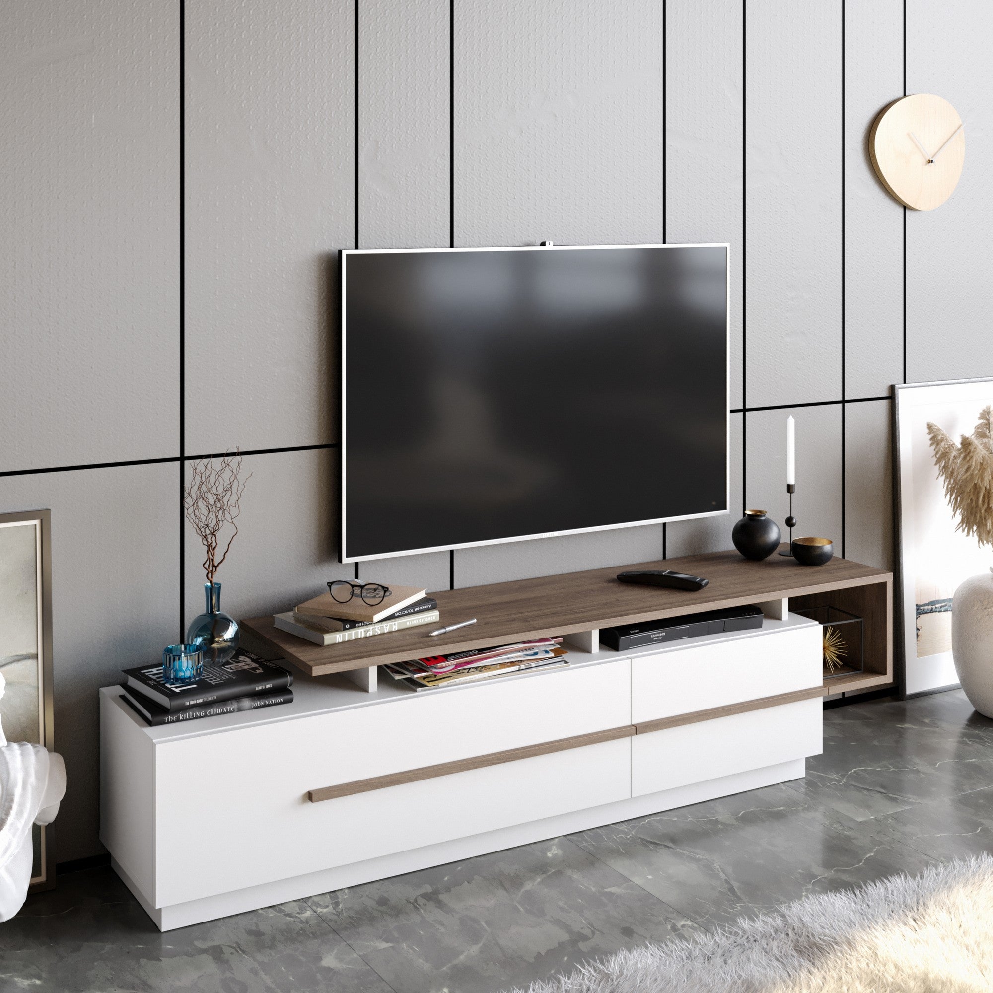 Suporte de TV moderno com opção de montagem na parede, nogueira e branco, 180 cm | Painel de partículas 100% revestido de melamina, 18 mm de espessura | Design elegante com várias prateleiras