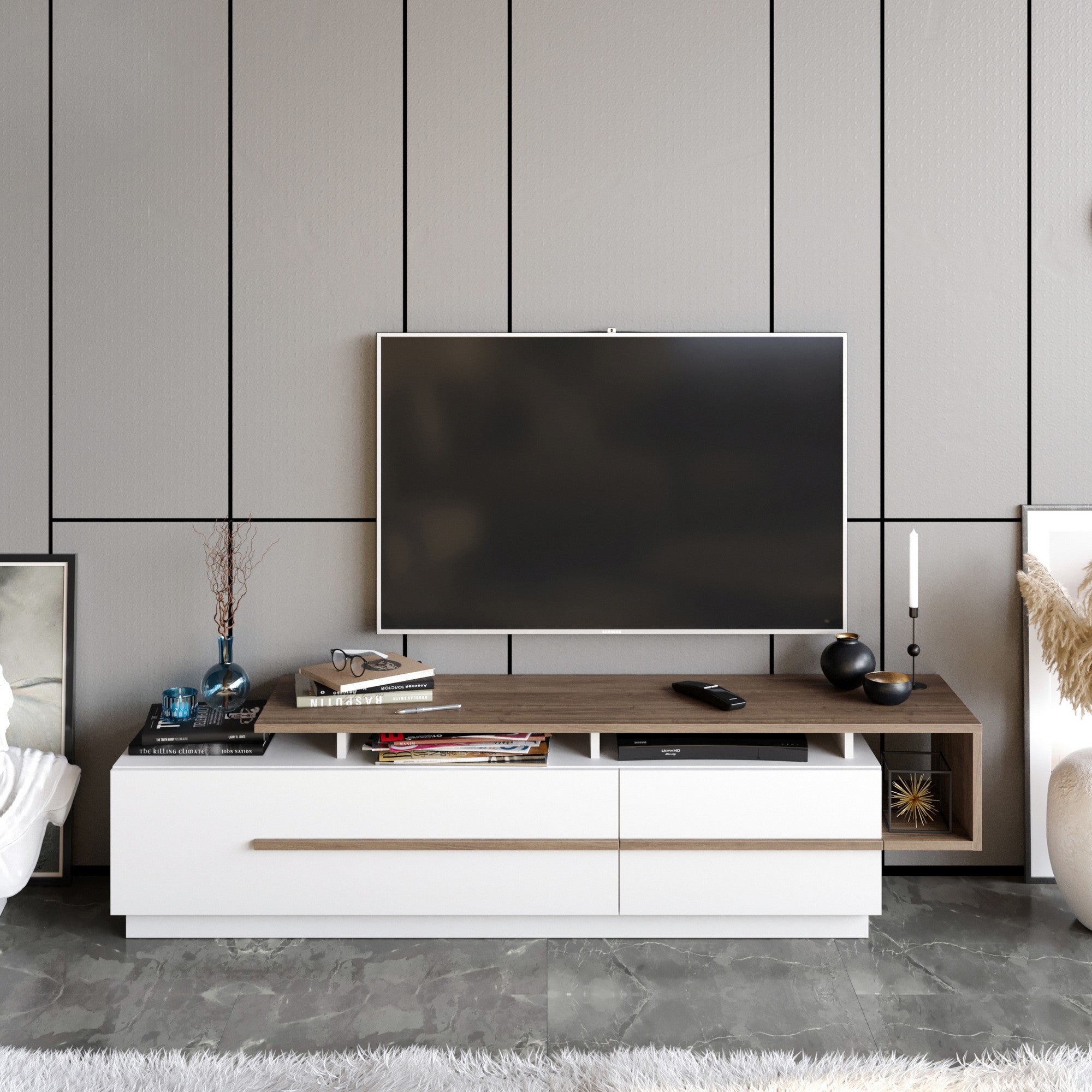 Suporte de TV moderno com opção de montagem na parede, nogueira e branco, 180 cm | Painel de partículas 100% revestido de melamina, 18 mm de espessura | Design elegante com várias prateleiras