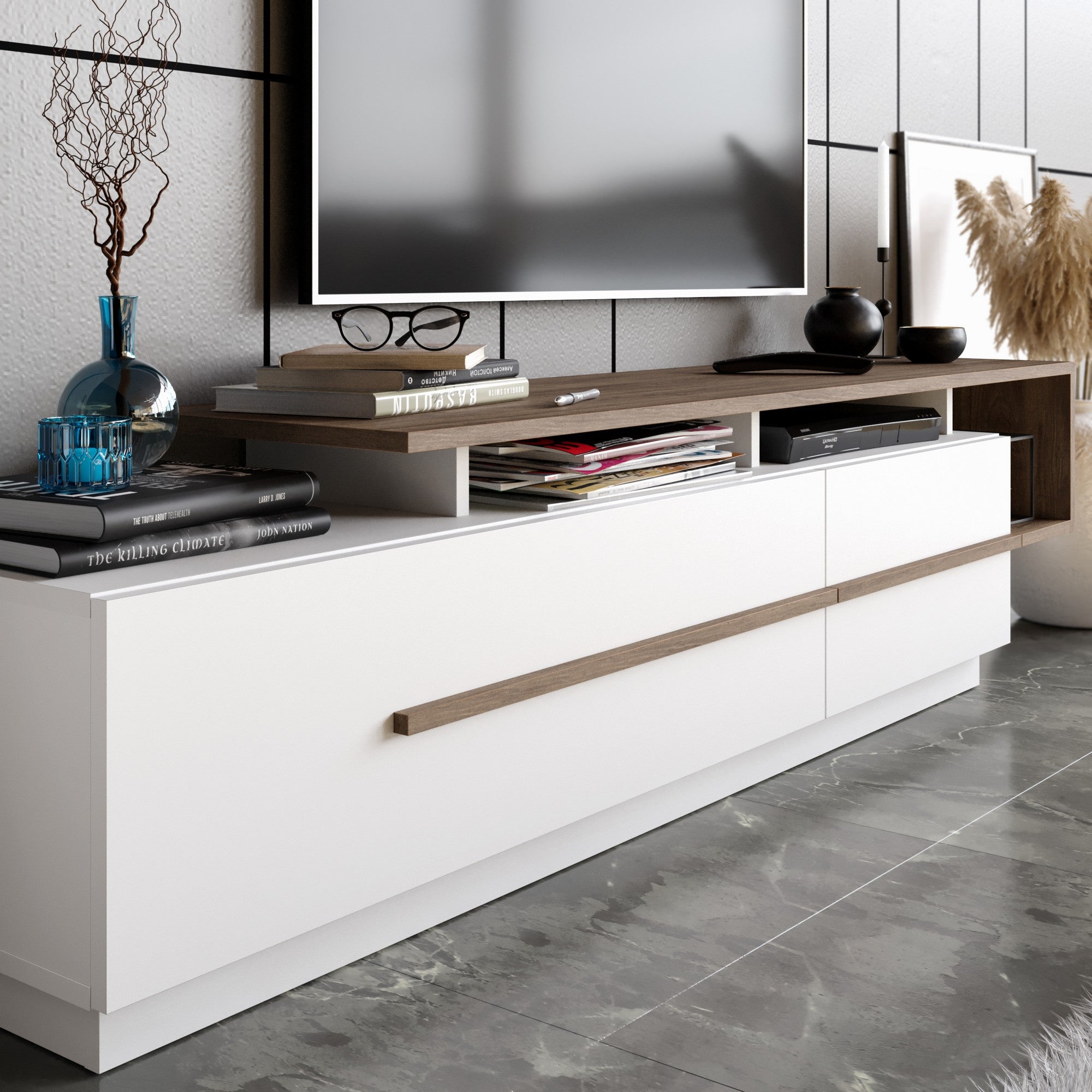 Suporte de TV moderno com opção de montagem na parede, nogueira e branco, 180 cm | Painel de partículas 100% revestido de melamina, 18 mm de espessura | Design elegante com várias prateleiras