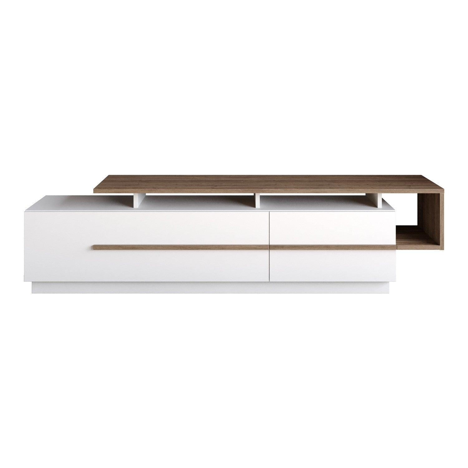 Suporte de TV moderno com opção de montagem na parede, nogueira e branco, 180 cm | Painel de partículas 100% revestido de melamina, 18 mm de espessura | Design elegante com várias prateleiras