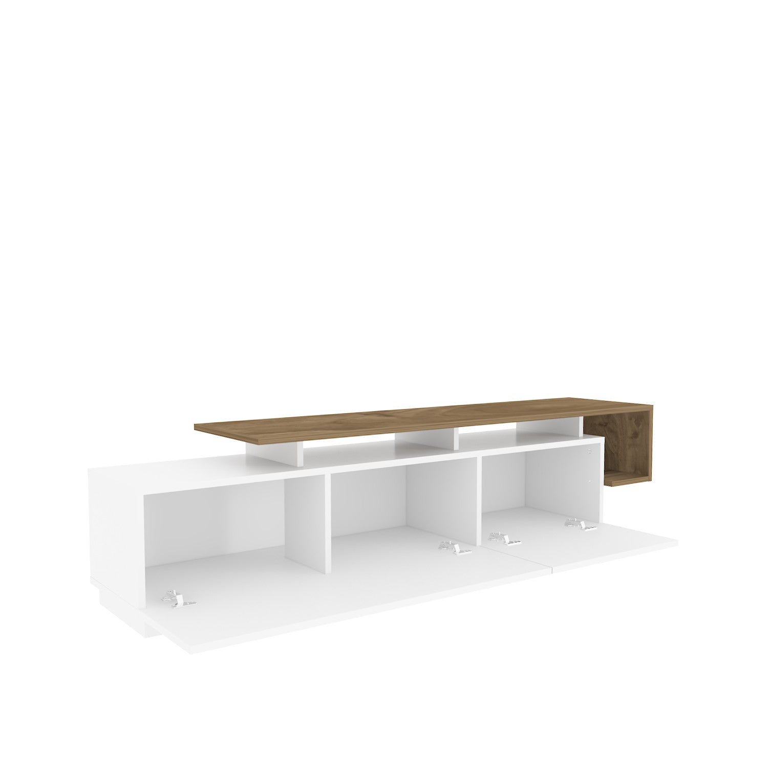 Suporte de TV moderno com opção de montagem na parede, nogueira e branco, 180 cm | Painel de partículas 100% revestido de melamina, 18 mm de espessura | Design elegante com várias prateleiras