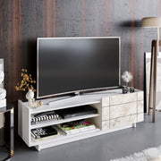 Suporte de TV moderno branco, 140 cm, 100% aglomerado revestido em melamina, 18 mm de espessura | Montável na parede com várias prateleiras | Design elegante em mármore