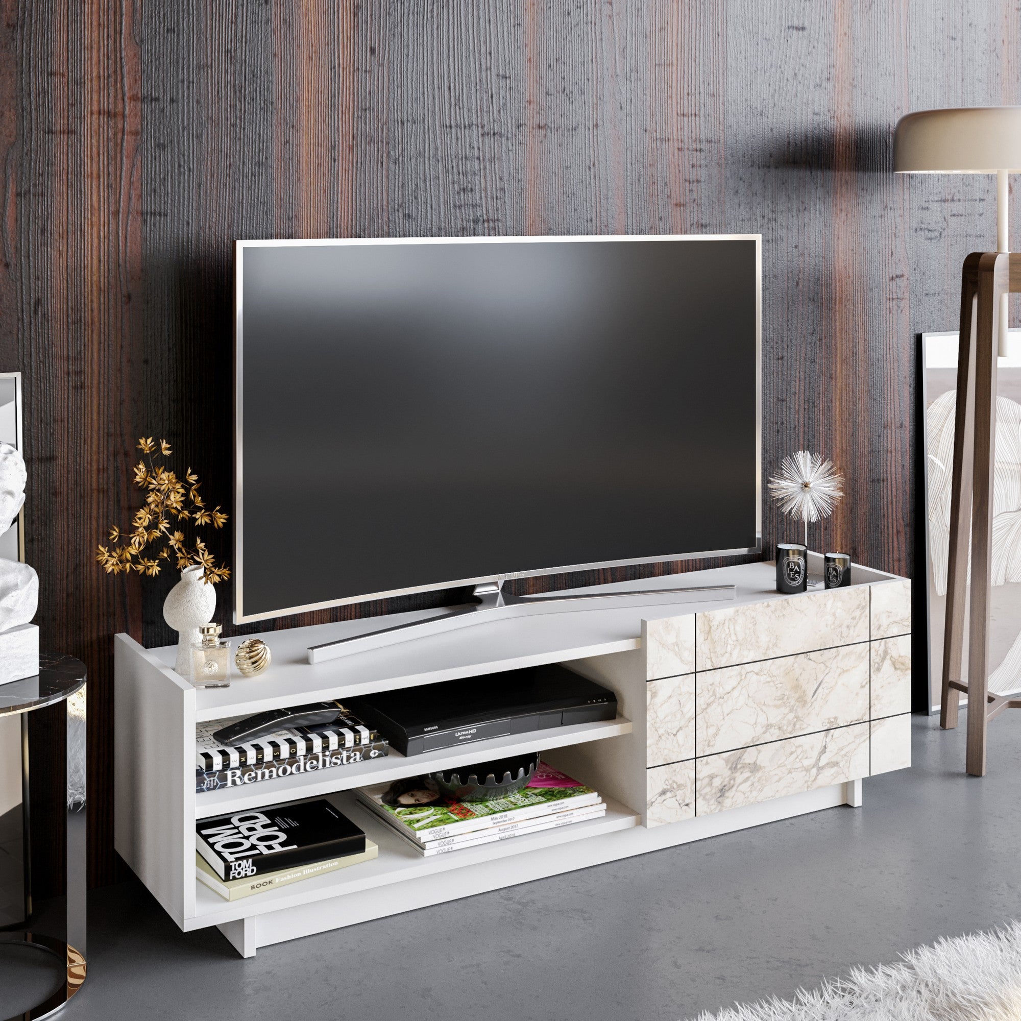 Suporte de TV moderno branco, 140 cm, 100% aglomerado revestido em melamina, 18 mm de espessura | Montável na parede com várias prateleiras | Design elegante em mármore