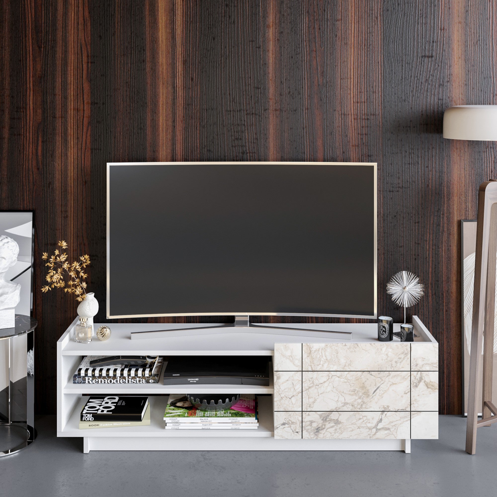 Suporte de TV moderno branco, 140 cm, 100% aglomerado revestido em melamina, 18 mm de espessura | Montável na parede com várias prateleiras | Design elegante em mármore