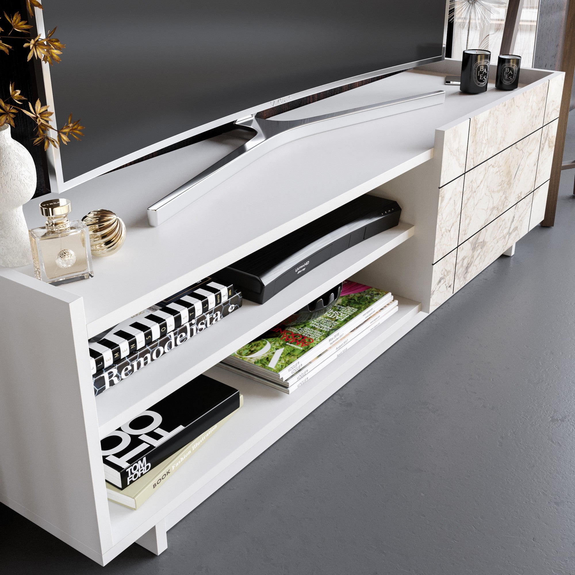 Suporte de TV moderno branco, 140 cm, 100% aglomerado revestido em melamina, 18 mm de espessura | Montável na parede com várias prateleiras | Design elegante em mármore