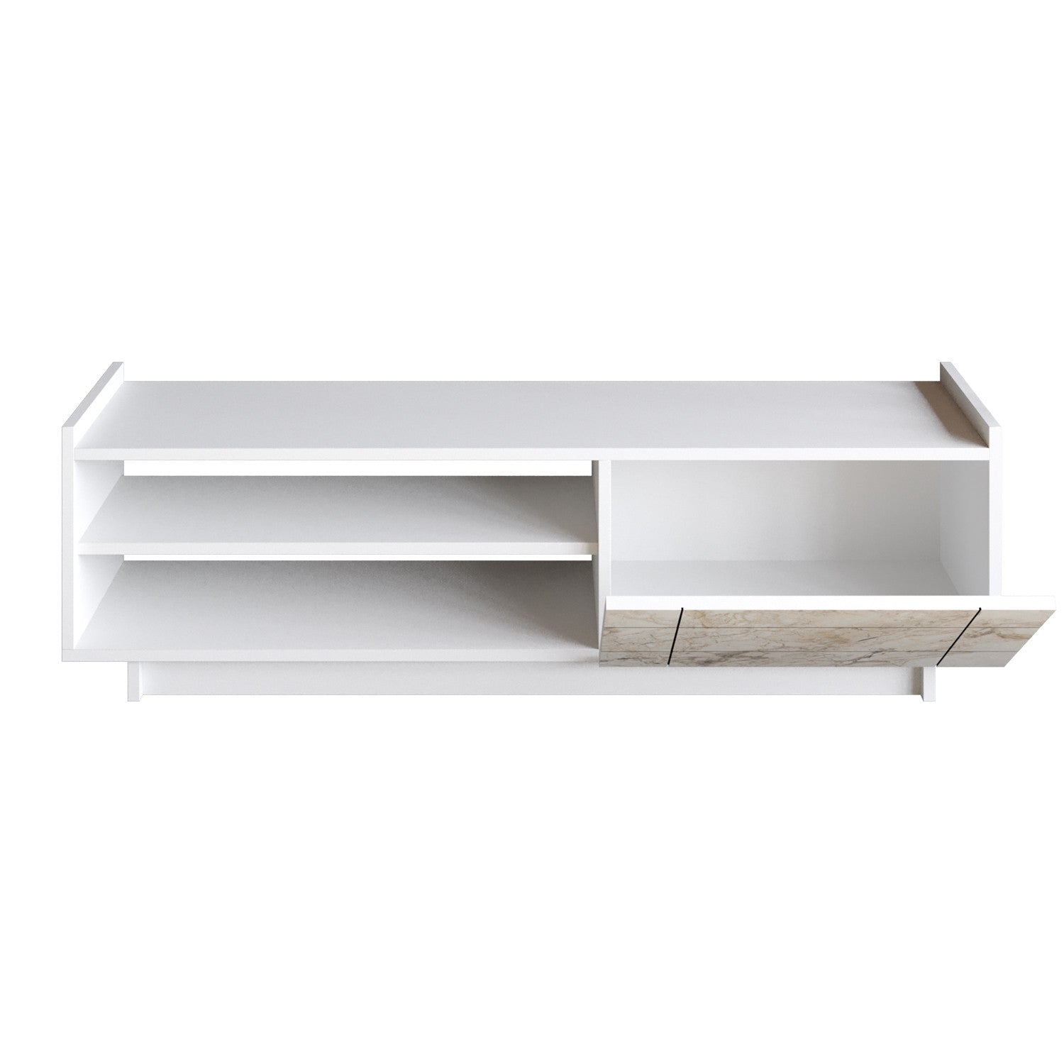 Suporte de TV moderno branco, 140 cm, 100% aglomerado revestido em melamina, 18 mm de espessura | Montável na parede com várias prateleiras | Design elegante em mármore