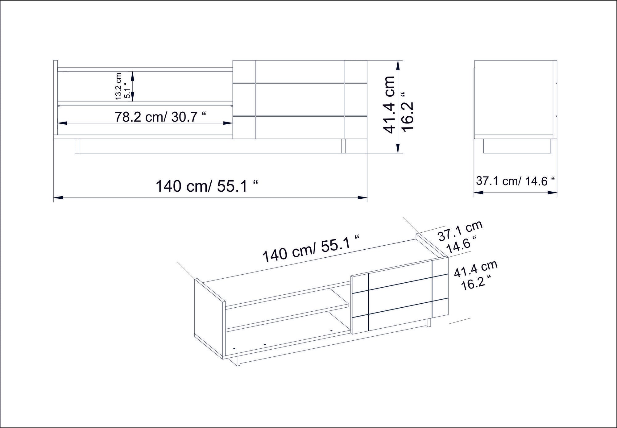 Suporte de TV moderno branco, 140 cm, 100% aglomerado revestido em melamina, 18 mm de espessura | Montável na parede com várias prateleiras | Design elegante em mármore
