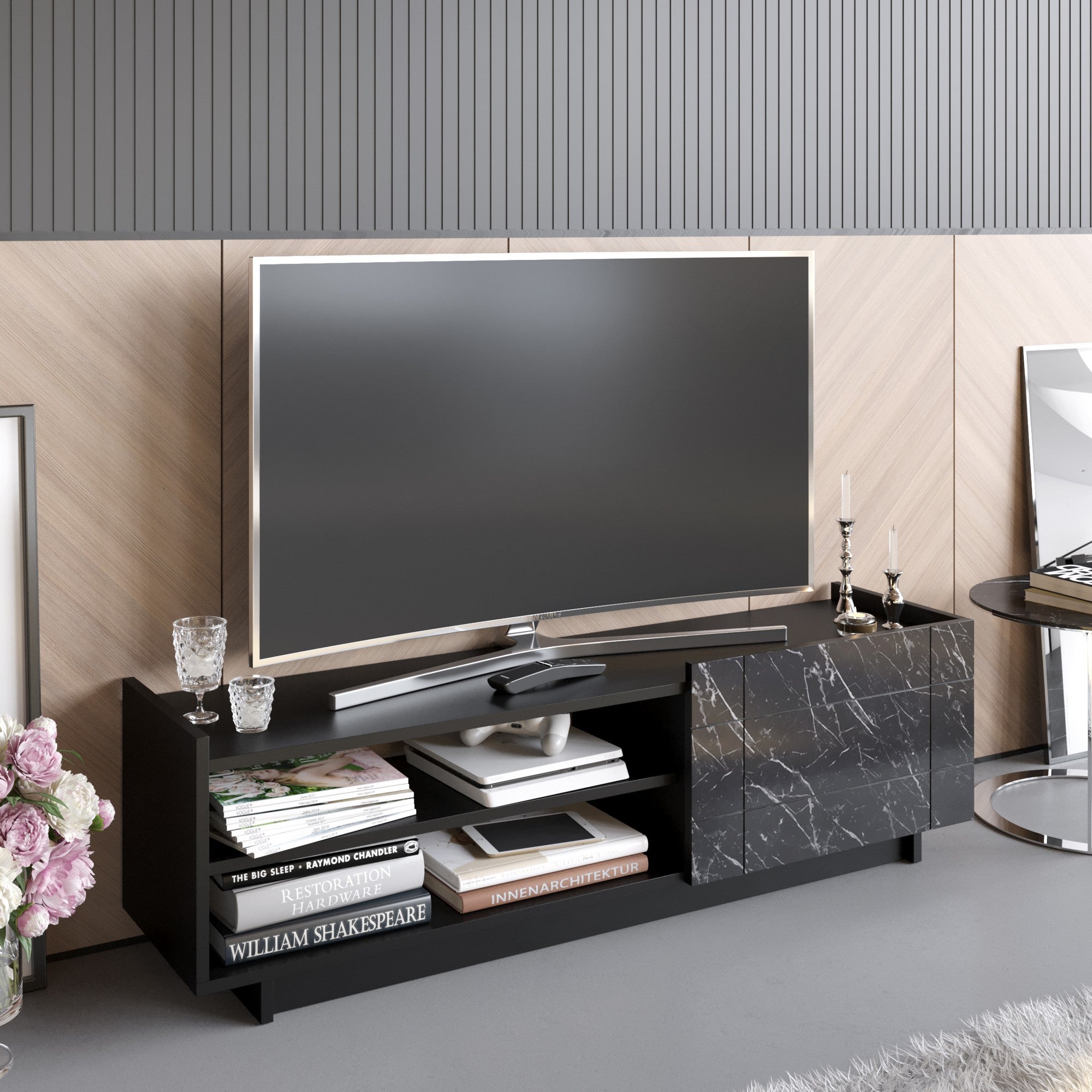 Suporte de TV elegante, preto e mármore, 140 cm | Painel de partículas 100% revestido de melamina, 18 mm de espessura | Montável na parede, várias prateleiras, design moderno