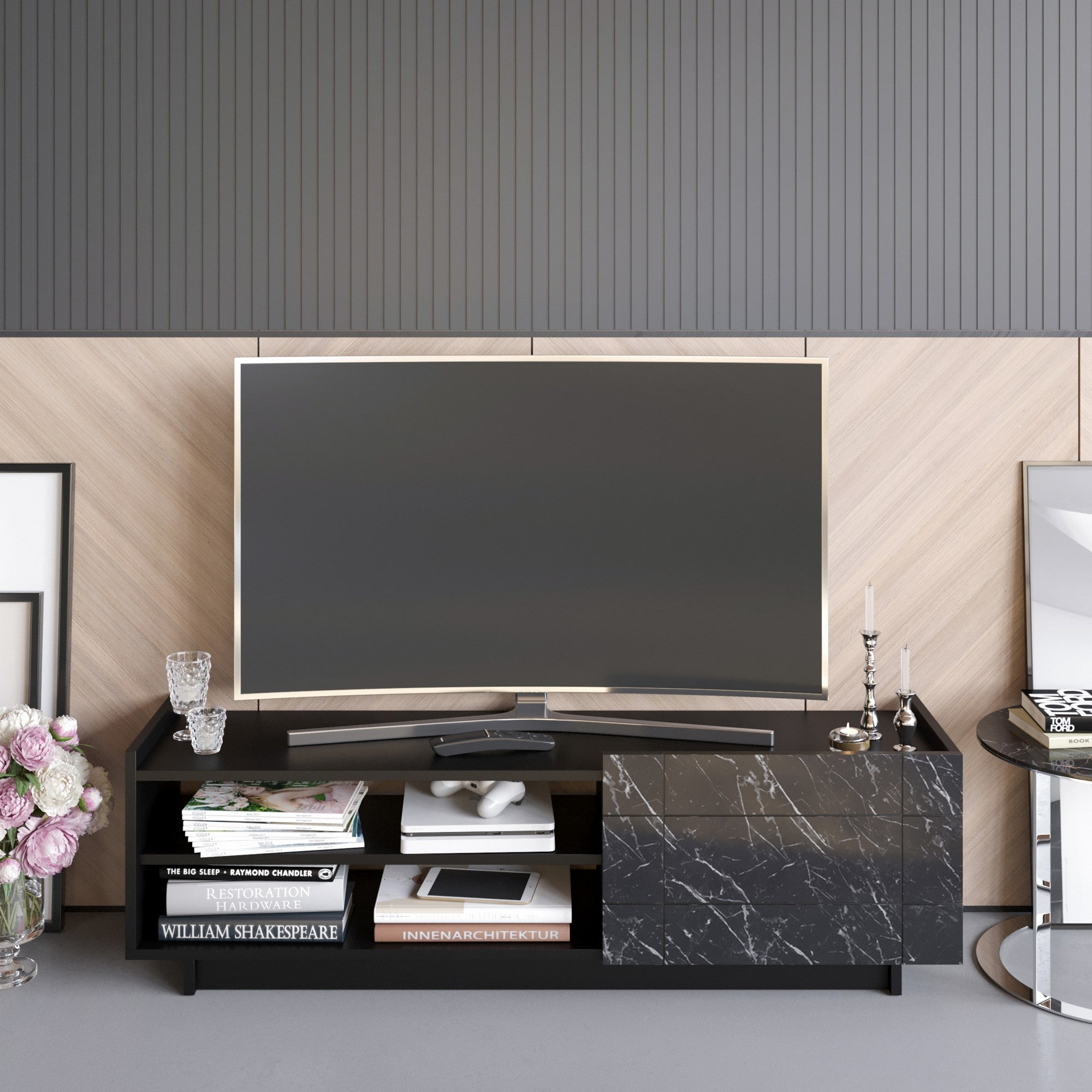 Suporte de TV elegante, preto e mármore, 140 cm | Painel de partículas 100% revestido de melamina, 18 mm de espessura | Montável na parede, várias prateleiras, design moderno