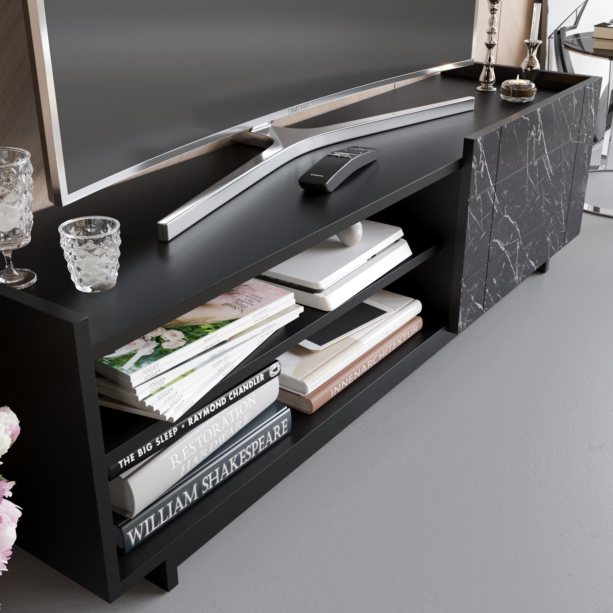 Suporte de TV elegante, preto e mármore, 140 cm | Painel de partículas 100% revestido de melamina, 18 mm de espessura | Montável na parede, várias prateleiras, design moderno