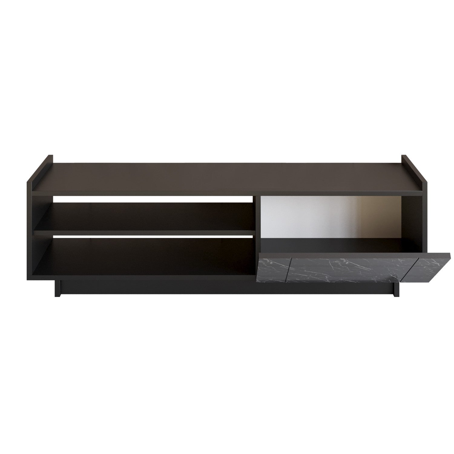 Suporte de TV elegante, preto e mármore, 140 cm | Painel de partículas 100% revestido de melamina, 18 mm de espessura | Montável na parede, várias prateleiras, design moderno