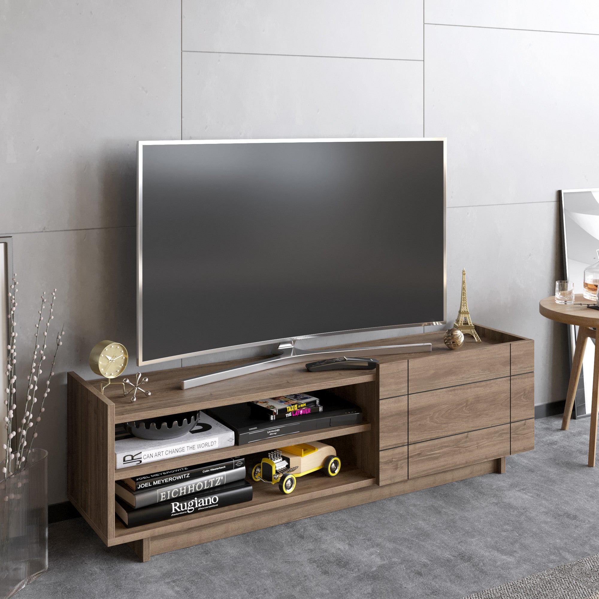 Suporte de TV elegante em nogueira, 140 cm | Painel de partículas 100% revestido em melamina, 18 mm de espessura | Montável na parede, várias prateleiras, design moderno para sala de estar
