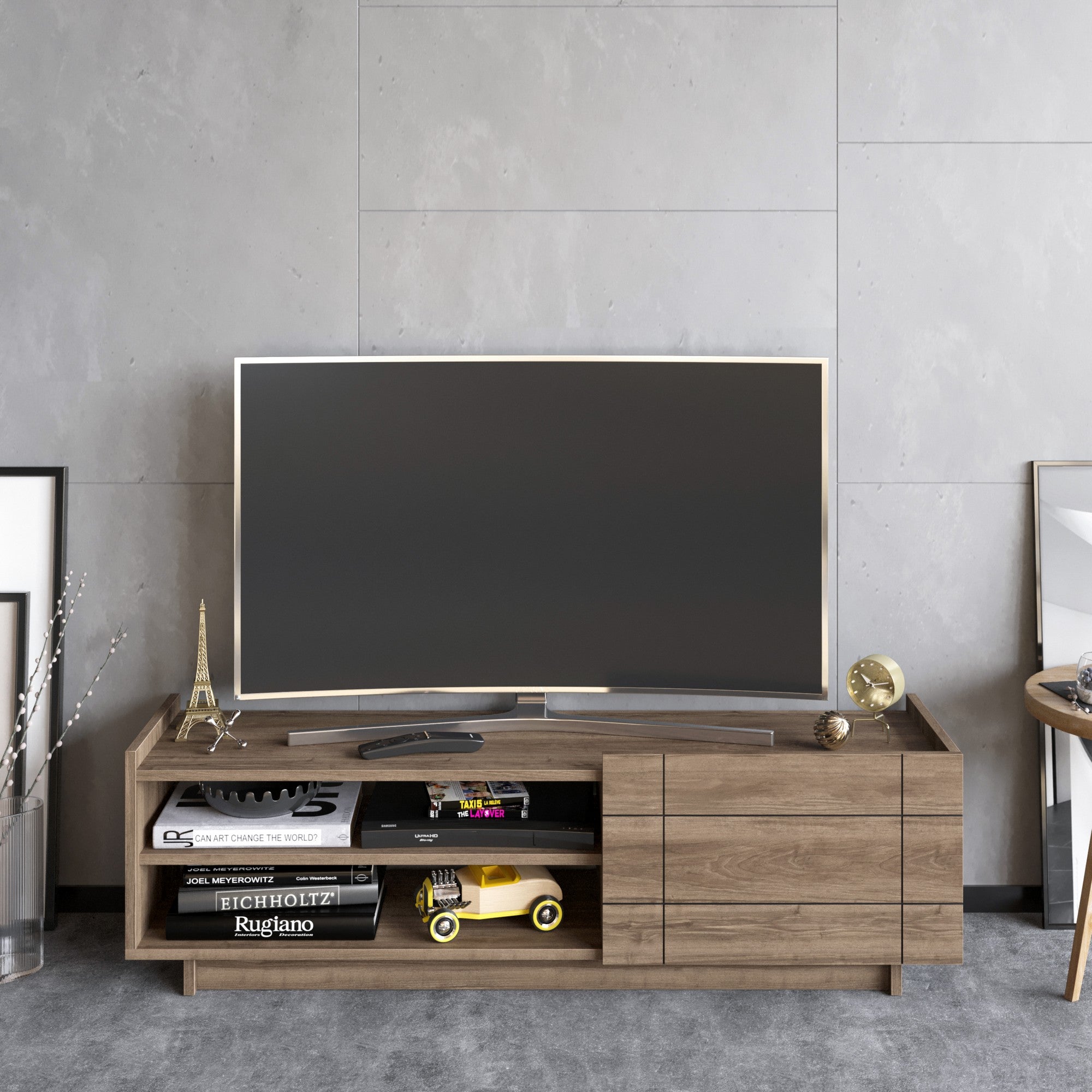 Suporte de TV elegante em nogueira, 140 cm | Painel de partículas 100% revestido em melamina, 18 mm de espessura | Montável na parede, várias prateleiras, design moderno para sala de estar