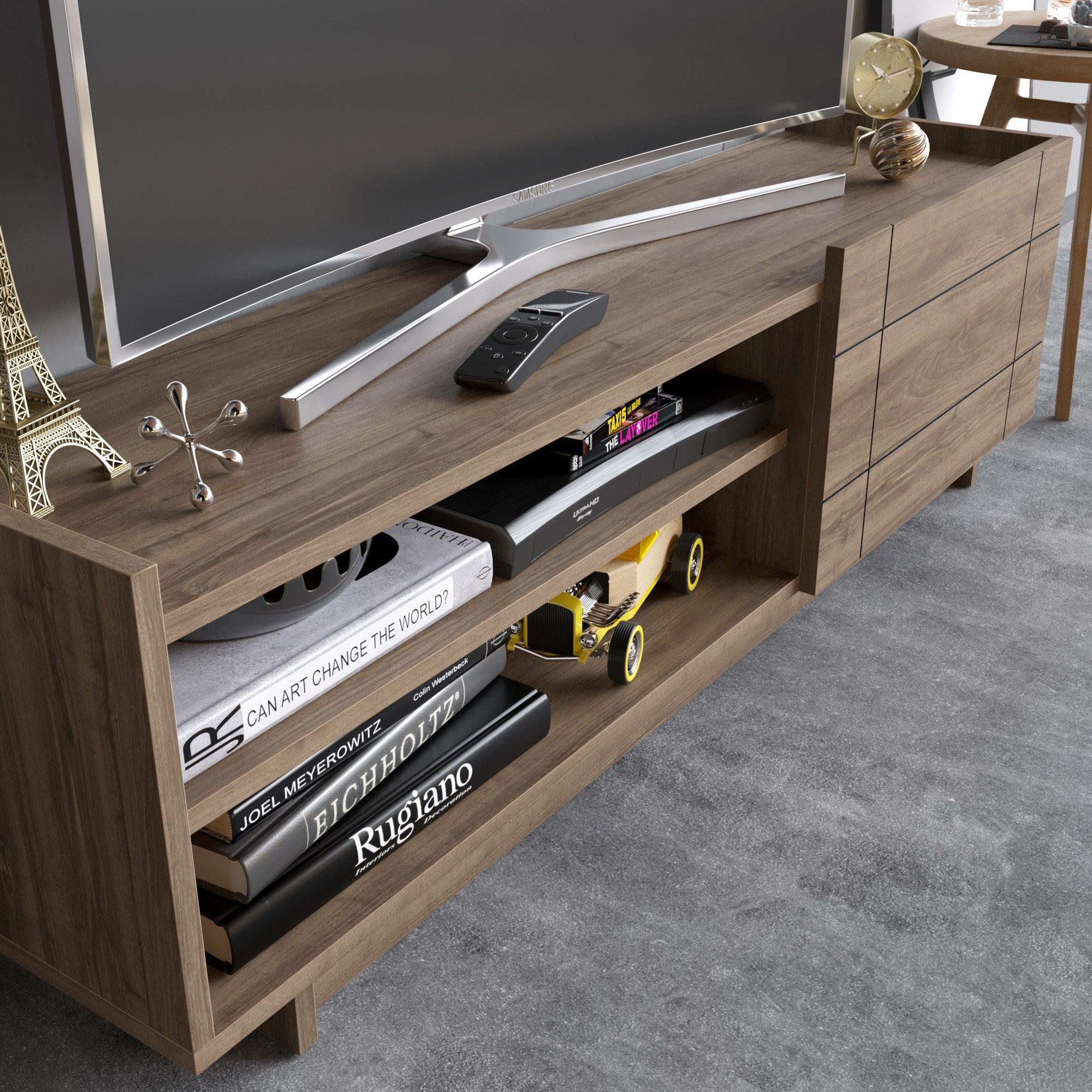 Suporte de TV elegante em nogueira, 140 cm | Painel de partículas 100% revestido em melamina, 18 mm de espessura | Montável na parede, várias prateleiras, design moderno para sala de estar
