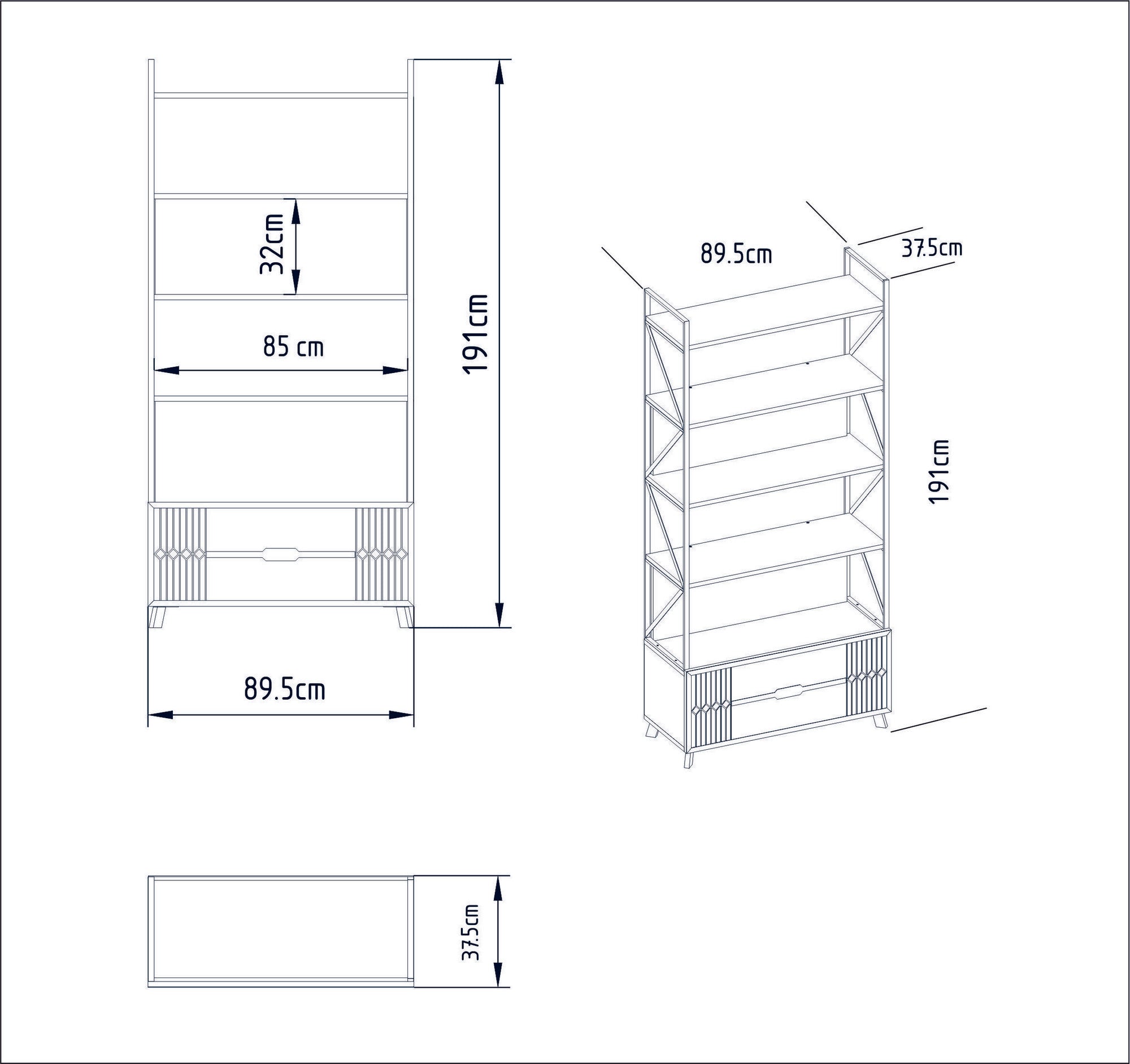 Estante de livros – 89,3 cm de largura, 191 cm de altura, 35,2 cm de profundidade – Branco – Melamina