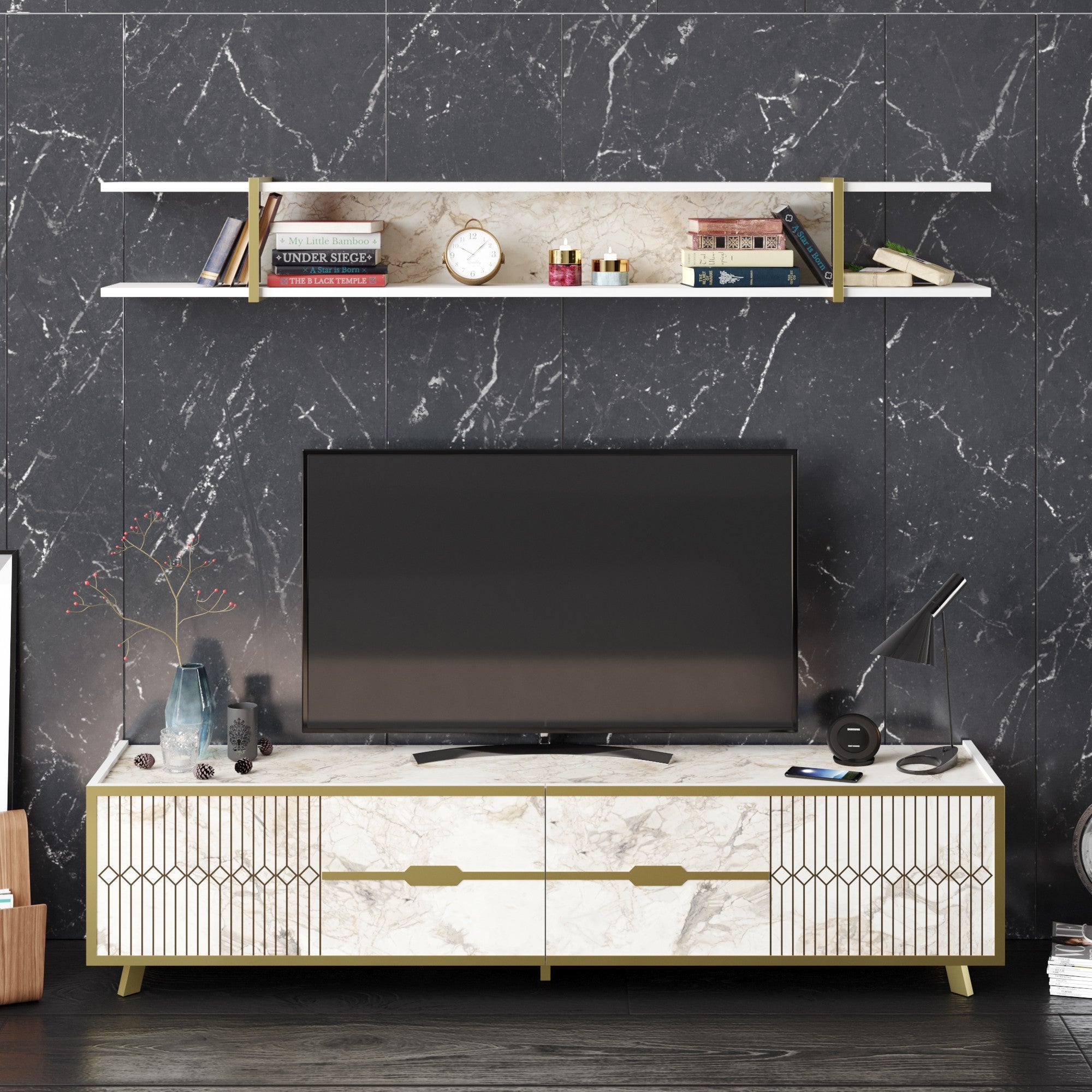 Móvel de TV moderno branco com prateleira de parede, 180 cm | Painel de partículas 100% revestido em melamina, 18 mm de espessura, pés de metal | Design elegante e funcional para salas de estar glamourosas