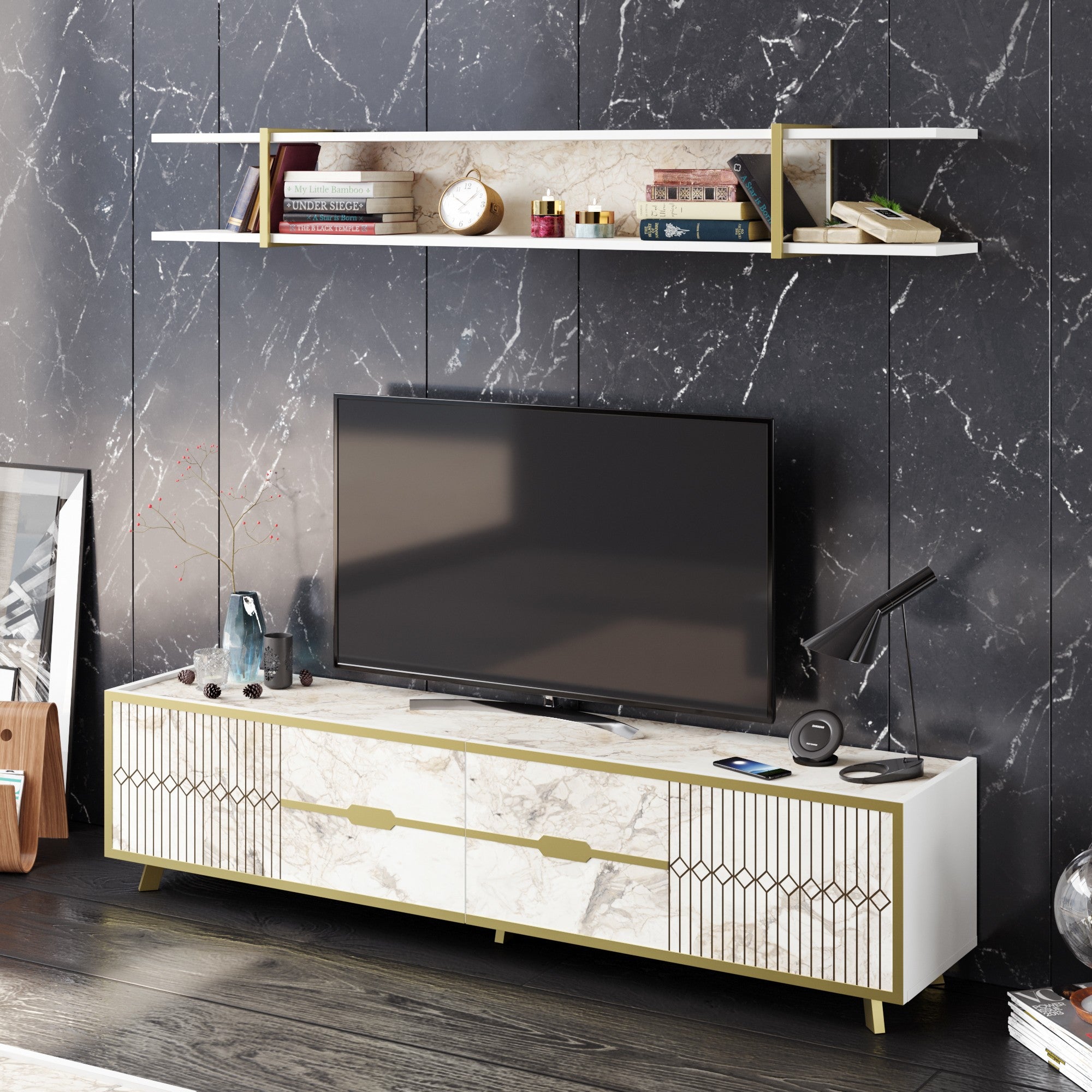 Móvel de TV moderno branco com prateleira de parede, 180 cm | Painel de partículas 100% revestido em melamina, 18 mm de espessura, pés de metal | Design elegante e funcional para salas de estar glamourosas