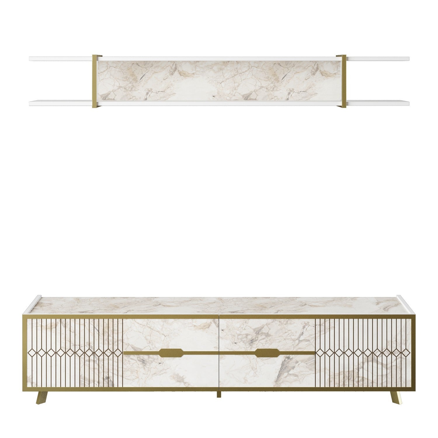 Móvel de TV moderno branco com prateleira de parede, 180 cm | Painel de partículas 100% revestido em melamina, 18 mm de espessura, pés de metal | Design elegante e funcional para salas de estar glamourosas