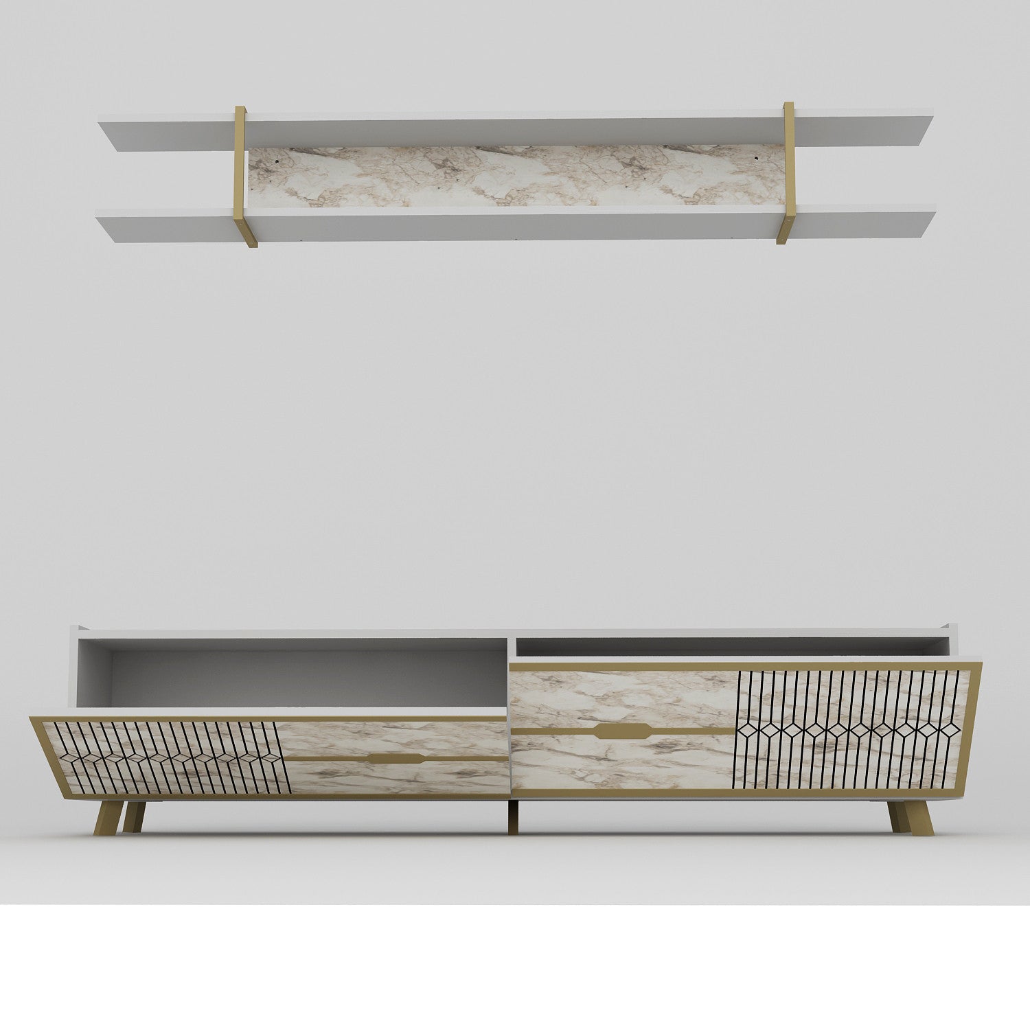 Móvel de TV moderno branco com prateleira de parede, 180 cm | Painel de partículas 100% revestido em melamina, 18 mm de espessura, pés de metal | Design elegante e funcional para salas de estar glamourosas