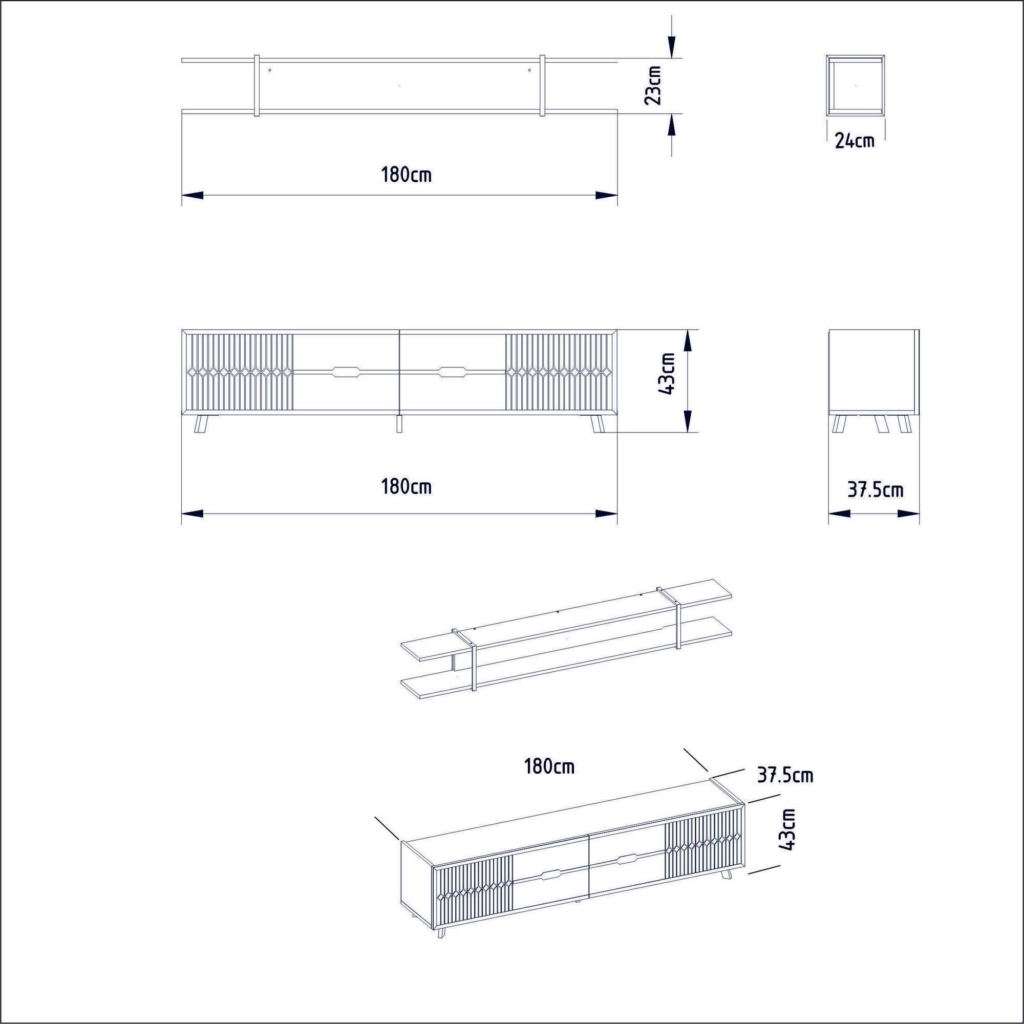 Móvel de TV moderno branco com prateleira de parede, 180 cm | Painel de partículas 100% revestido em melamina, 18 mm de espessura, pés de metal | Design elegante e funcional para salas de estar glamourosas