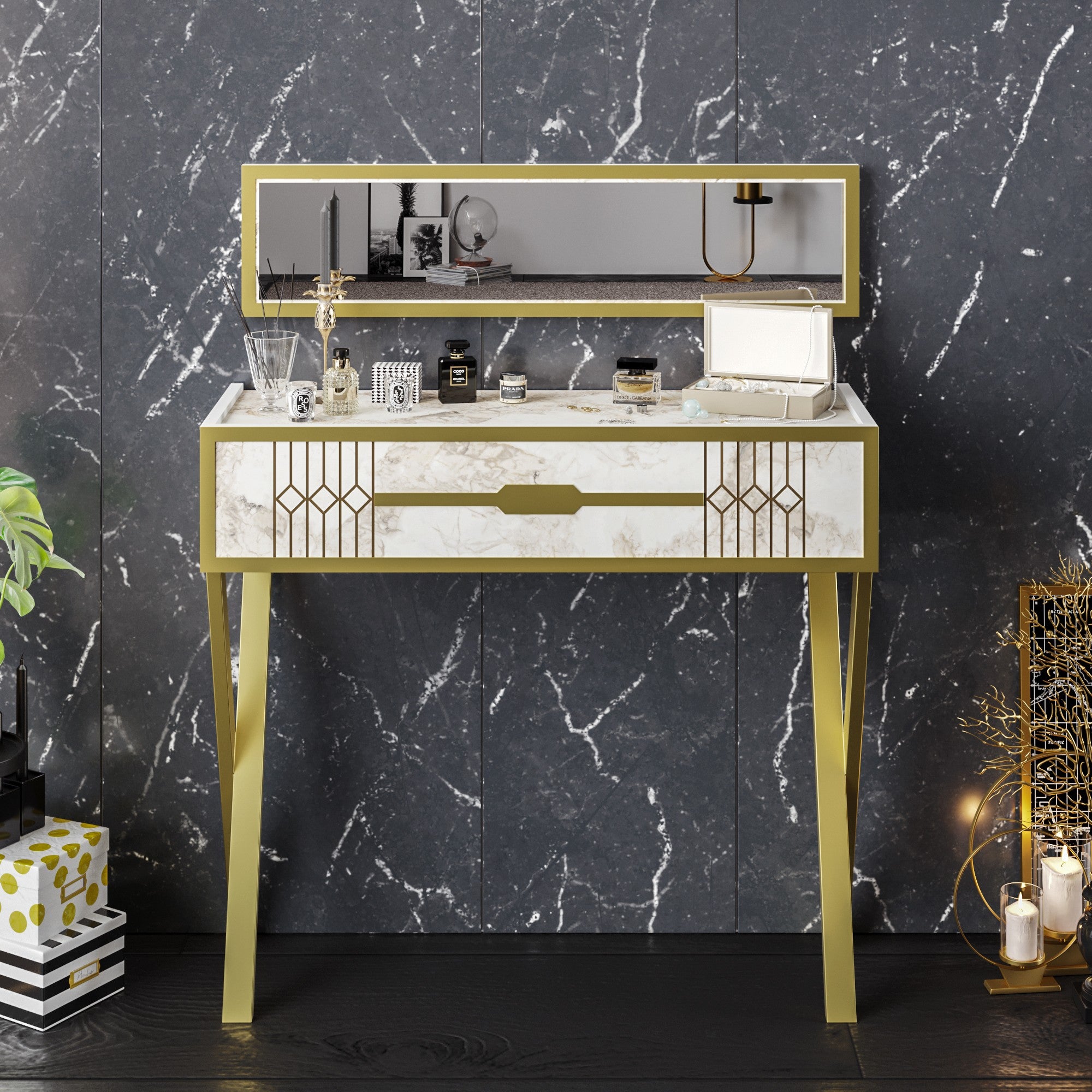 Aparador moderno branco com pés de metal, 90 x 80 x 32 cm | Painel de partículas 100% revestido em melamina, 18 mm | Montável na parede, design glamoroso com espelho e prateleiras