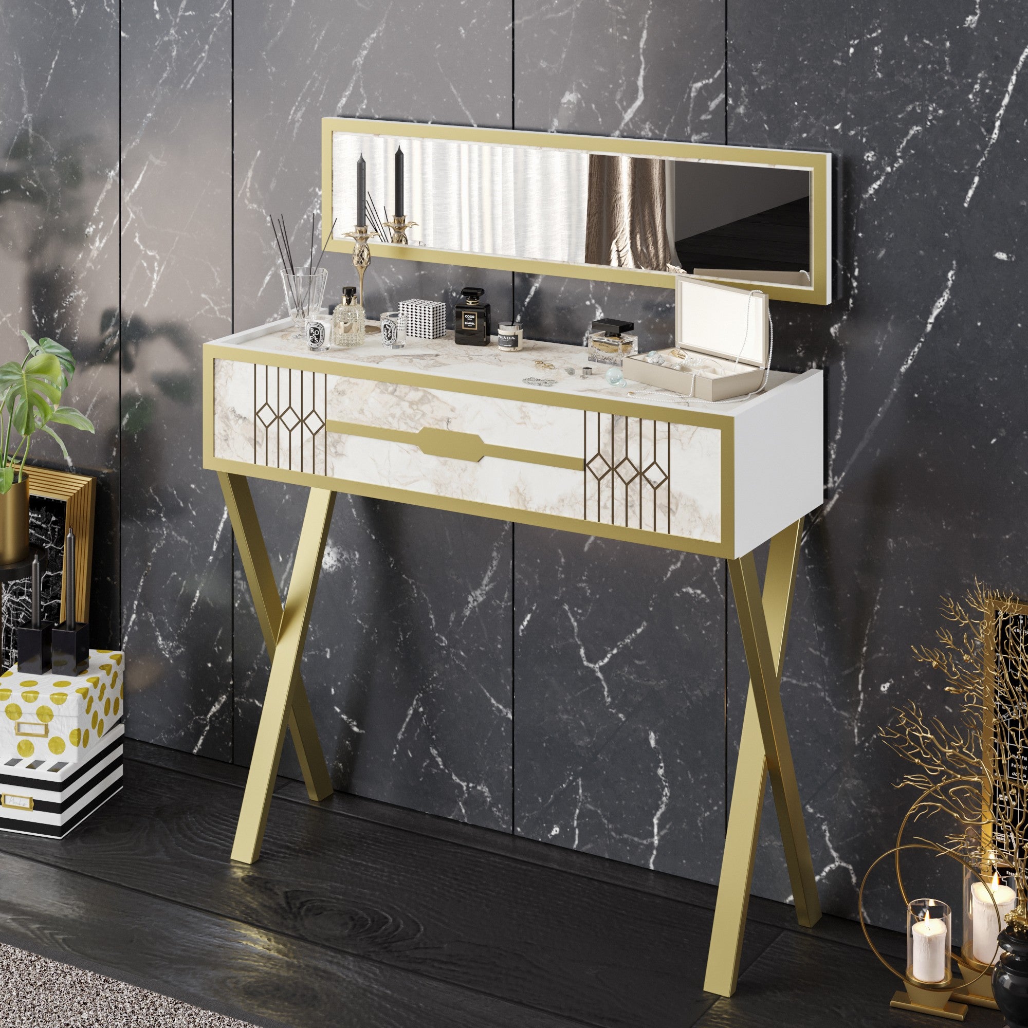 Aparador moderno branco com pés de metal, 90 x 80 x 32 cm | Painel de partículas 100% revestido em melamina, 18 mm | Montável na parede, design glamoroso com espelho e prateleiras