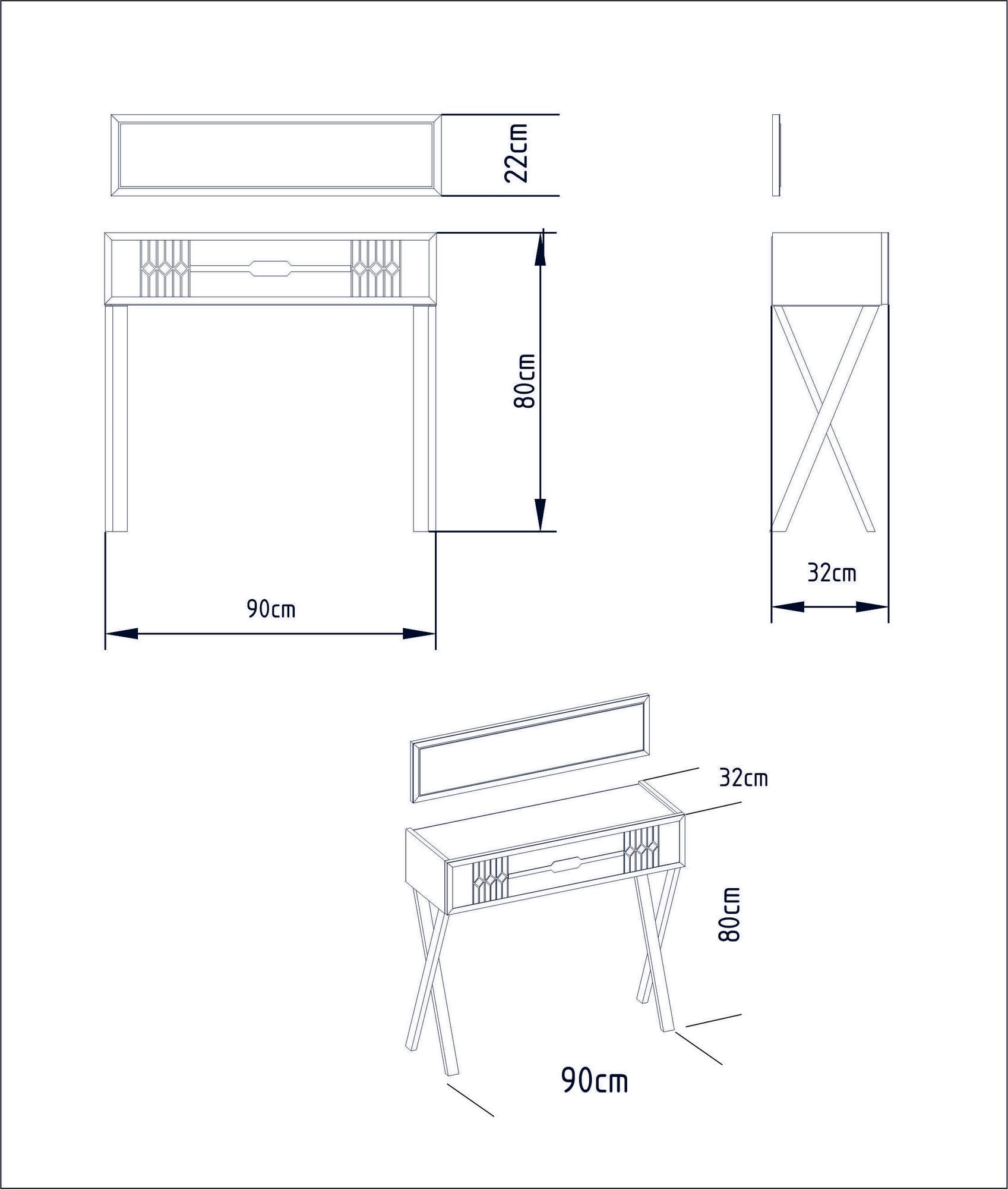 Aparador moderno branco com pés de metal, 90 x 80 x 32 cm | Painel de partículas 100% revestido em melamina, 18 mm | Montável na parede, design glamoroso com espelho e prateleiras