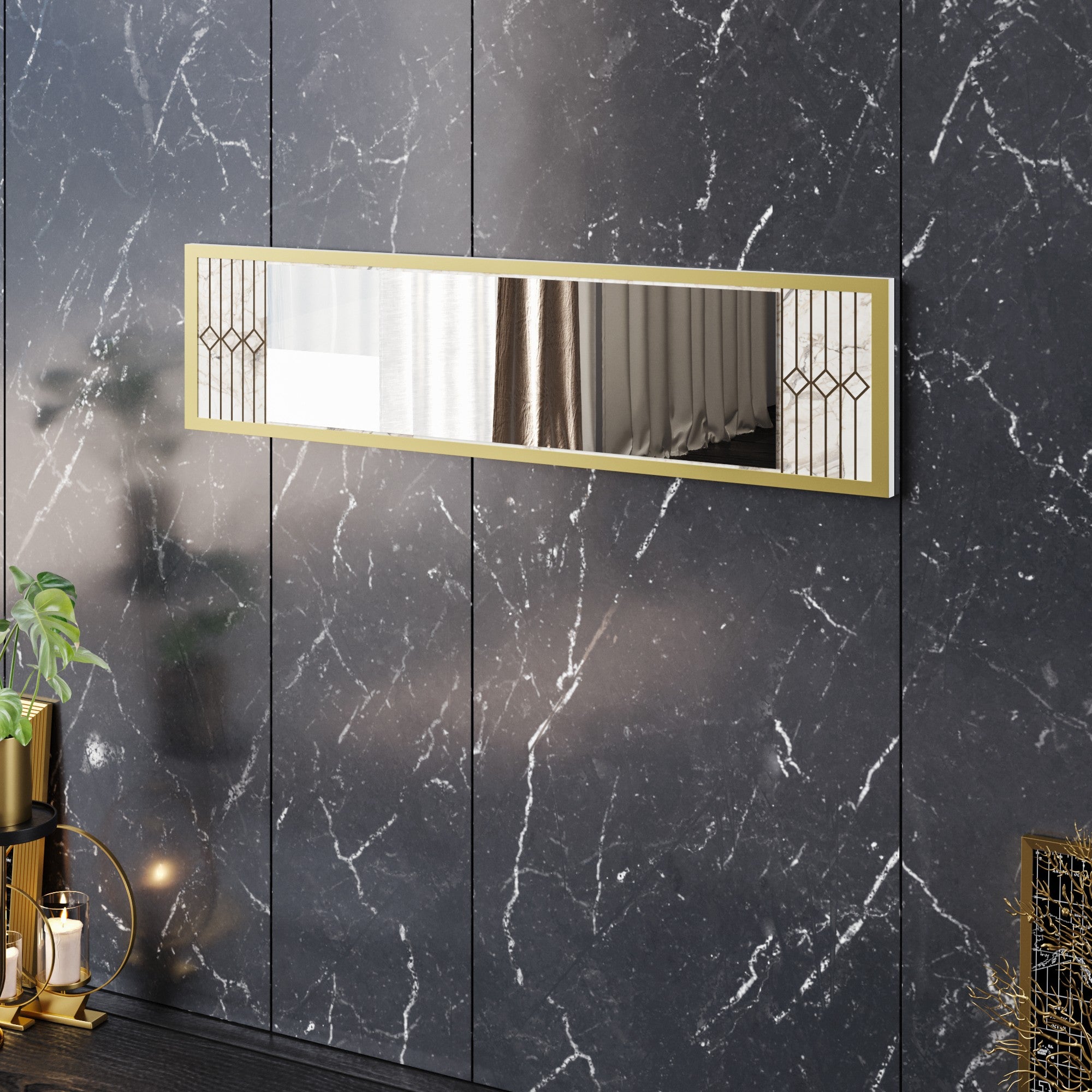 Espelho decorativo moderno de aglomerado, branco, 120 x 29,5 x 2 cm | 100% revestido em melamina, 18 mm de espessura | Montável na parede, design glamoroso para hotéis e residências