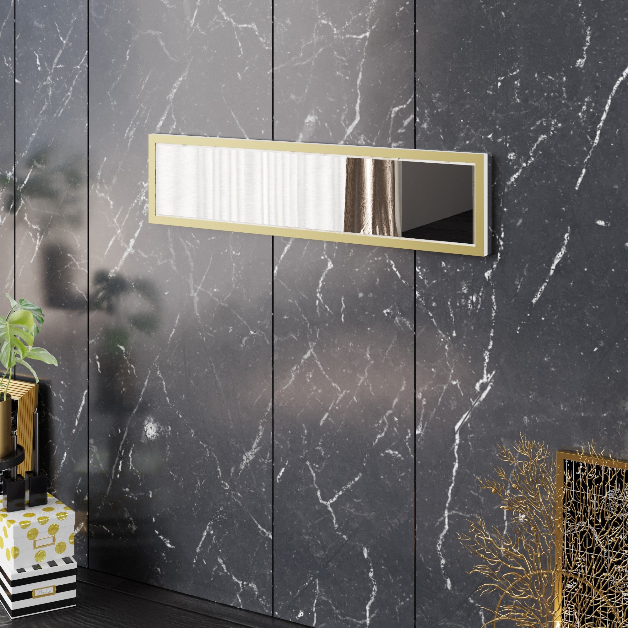 Espelho decorativo moderno de aglomerado, branco, 90 x 22 x 2 cm | 100% revestido em melamina, 18 mm de espessura | Montável na parede, design glamoroso para hotéis e residências
