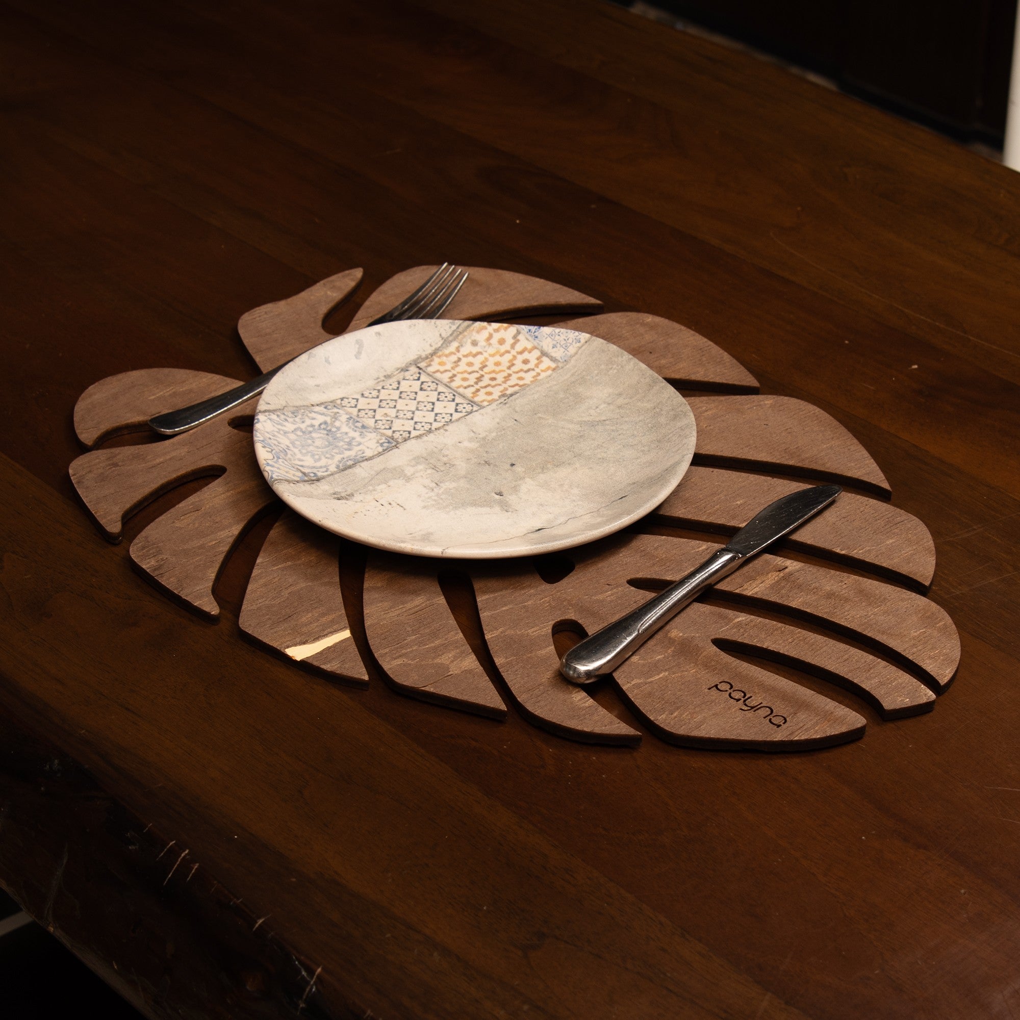 Conjunto de Bases de Pratos de madeira (4 peças)-Monstera-Wengué