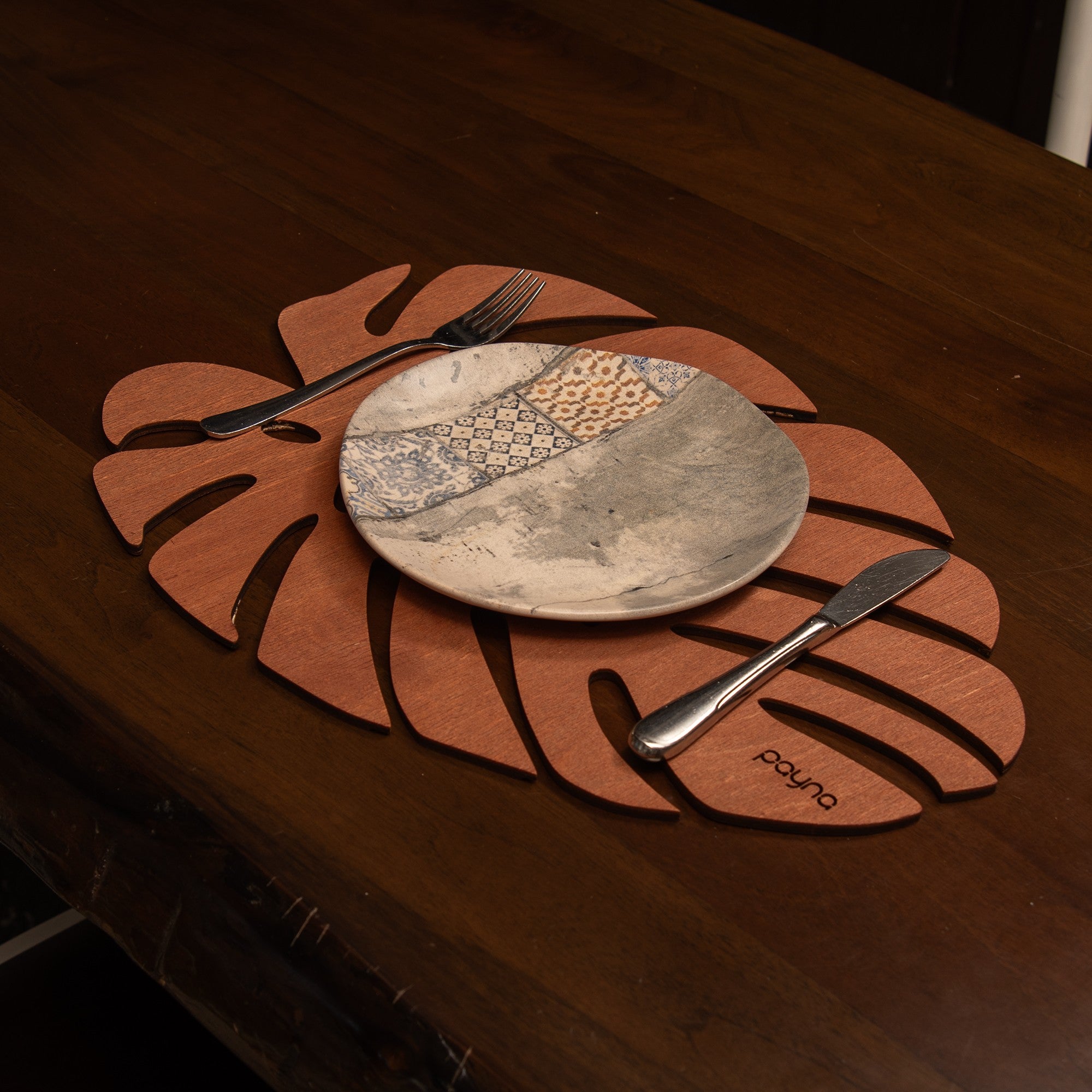 Conjunto de Bases de Pratos de madeira (4 peças)-Monstera-Rosa