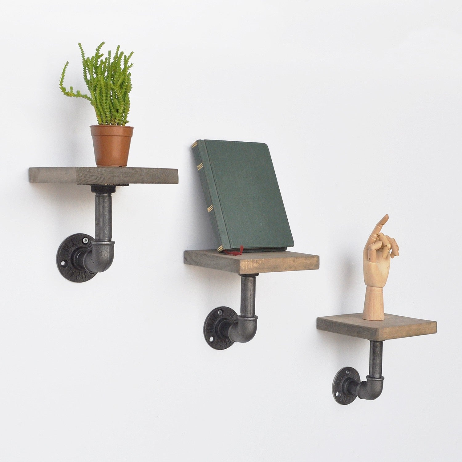 Prateleira de cachimbo feita à mão, 15x15x15 cm, preta e nogueira | 100% madeira de abeto e metal | Fixada na parede, design industrial moderno, perfeita para decoração rústica