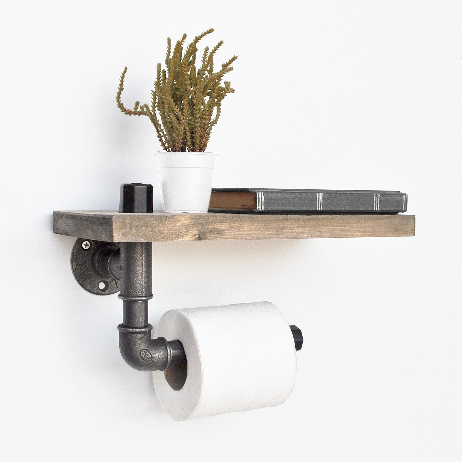 Prateleira de cachimbo artesanal, 30 cm x 14 cm x 12 cm, 100% madeira de abeto e metal, preta e nogueira | Fixada na parede, design rústico industrial moderno, capacidade de 1,05 kg