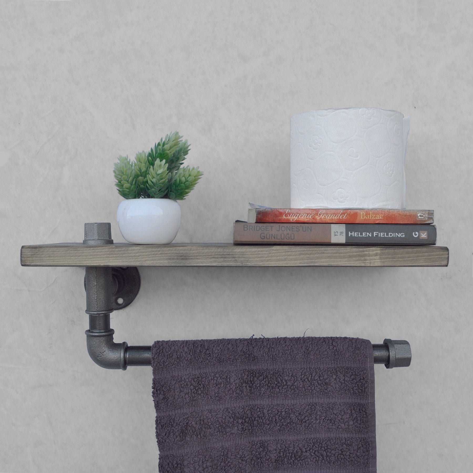 Prateleira de cachimbo feita à mão, 40 cm x 16 cm x 14 cm, preta e nogueira | 100% madeira de abeto e metal | Design industrial moderno para fixação na parede, com charme rústico
