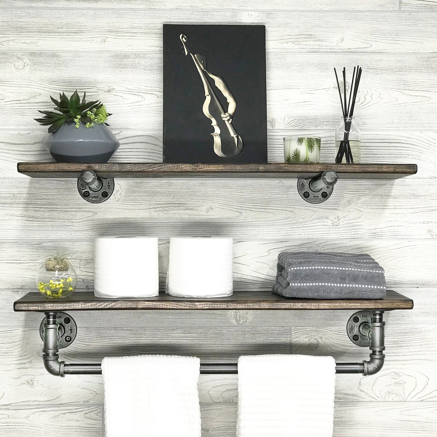Prateleira de cachimbo feita à mão, 100% madeira de abeto e metal, 60x17x14 cm e 60x8x14 cm | Fixada na parede, design industrial rústico, nogueira e preto | Capacidade de 3,85 kg