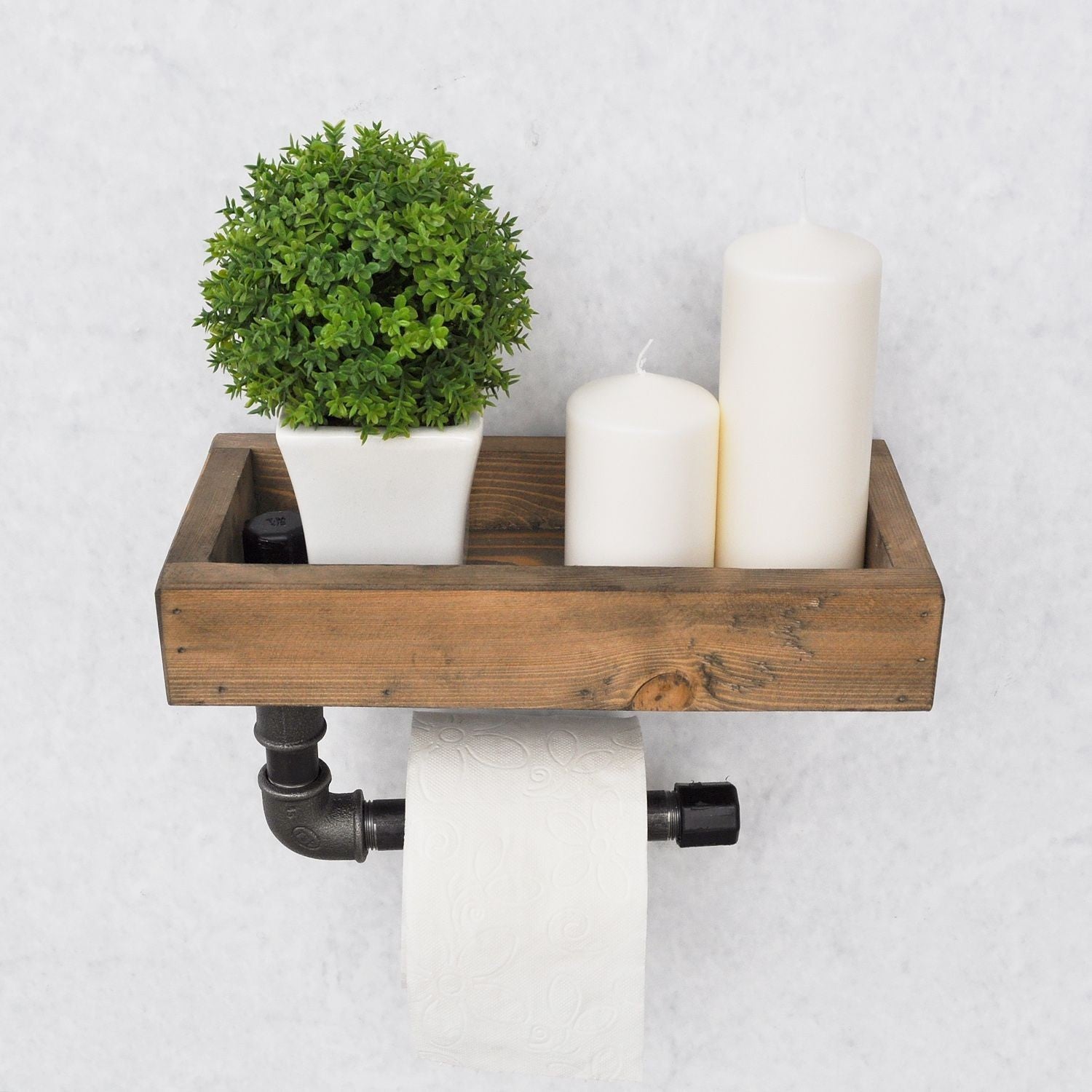 Prateleira de cachimbo feita à mão, 28x16x14 cm, nogueira e preta | 100% madeira de abeto e metal | Fixada na parede, design industrial moderno, perfeita para decoração rústica
