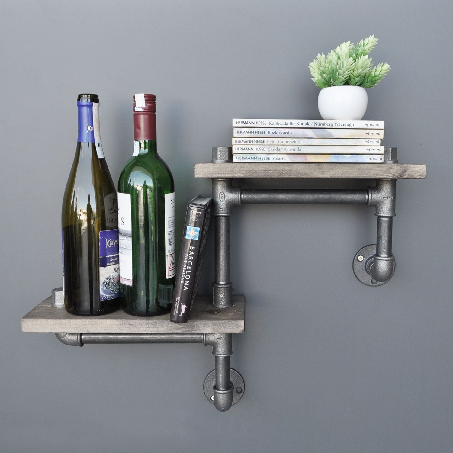 Prateleira de cachimbo feita à mão, 55 cm x 30 cm x 14 cm | 100% madeira de abeto e metal | Design industrial rústico de parede | Solução de armazenamento elegante