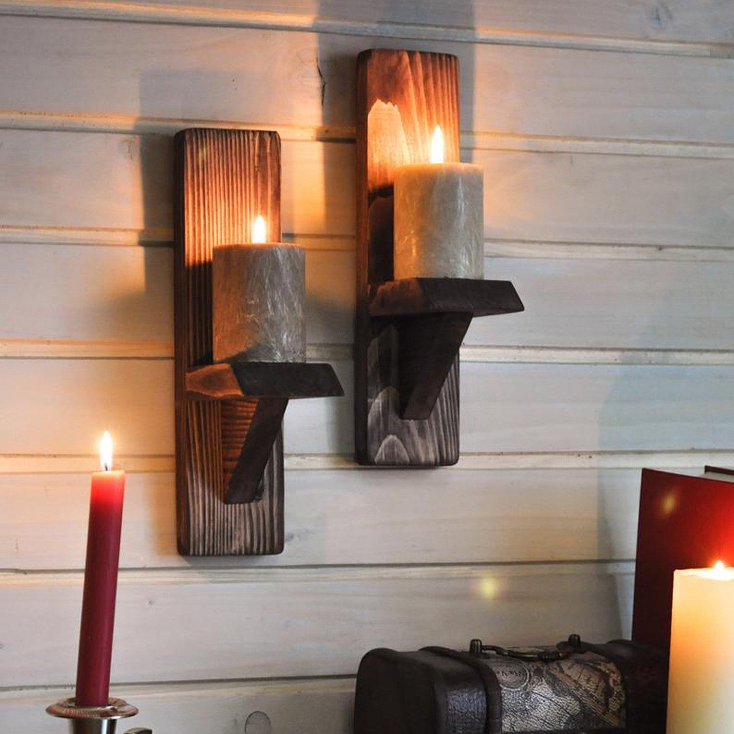 Prateleira de parede feita à mão (2 peças), cor nogueira, 33 x 9 x 9 cm | 100% madeira de abeto, montada, design rústico moderno | Perfeita para decoração e armazenamento de casa