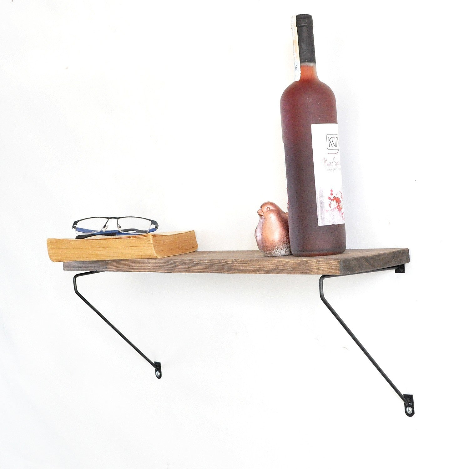 Prateleira de parede decorativa moderna de madeira, 60 cm x 20 cm x 14 cm | 100% madeira de abeto e estrutura de metal | Nogueira e preto | Elegante para decoração industrial e rústica