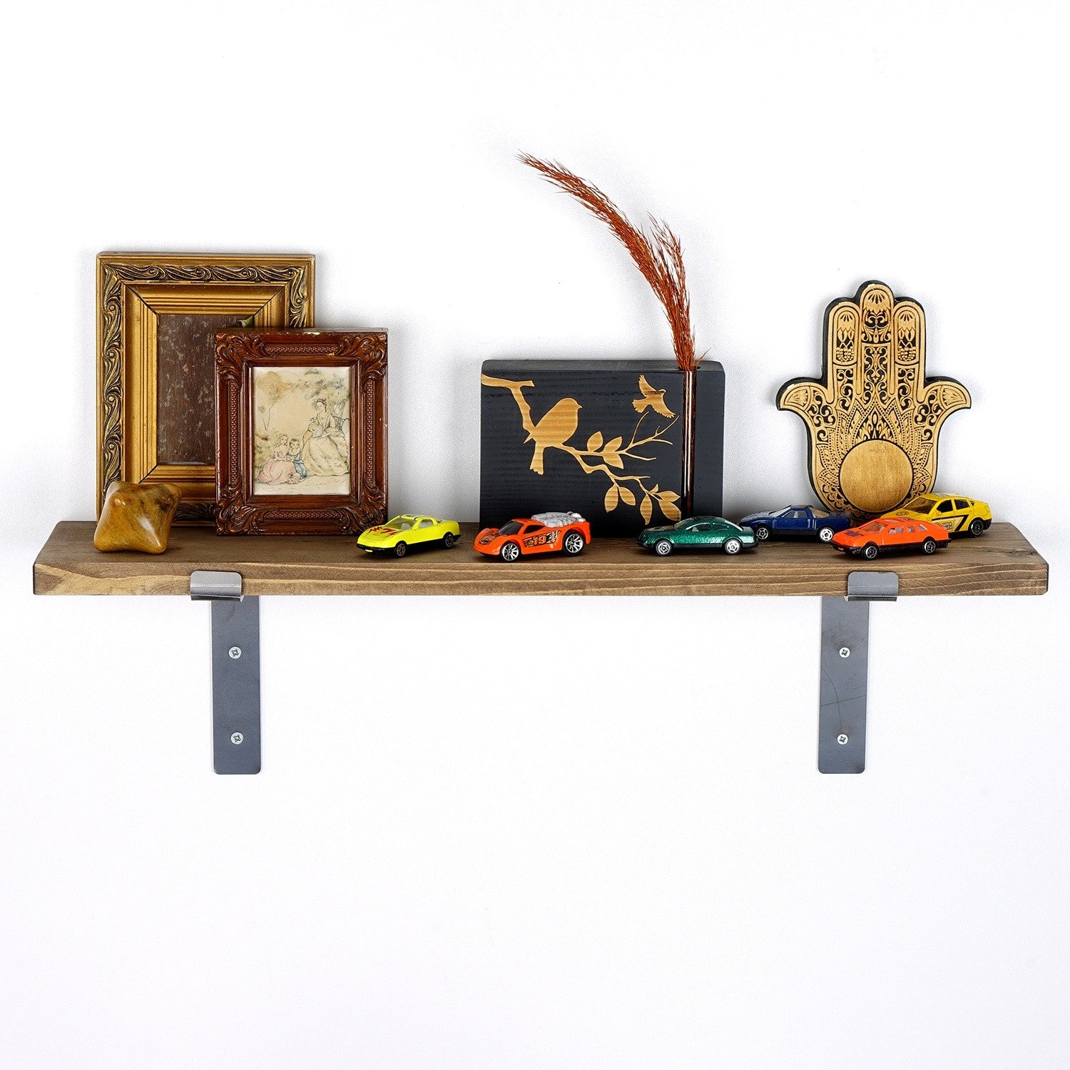 Prateleira de parede decorativa de madeira feita à mão, 60 cm x 16 cm x 14 cm | 100% madeira de abeto e metal | Estilo boêmio, industrial e rústico | Fixada na parede, capacidade de 1,05 kg