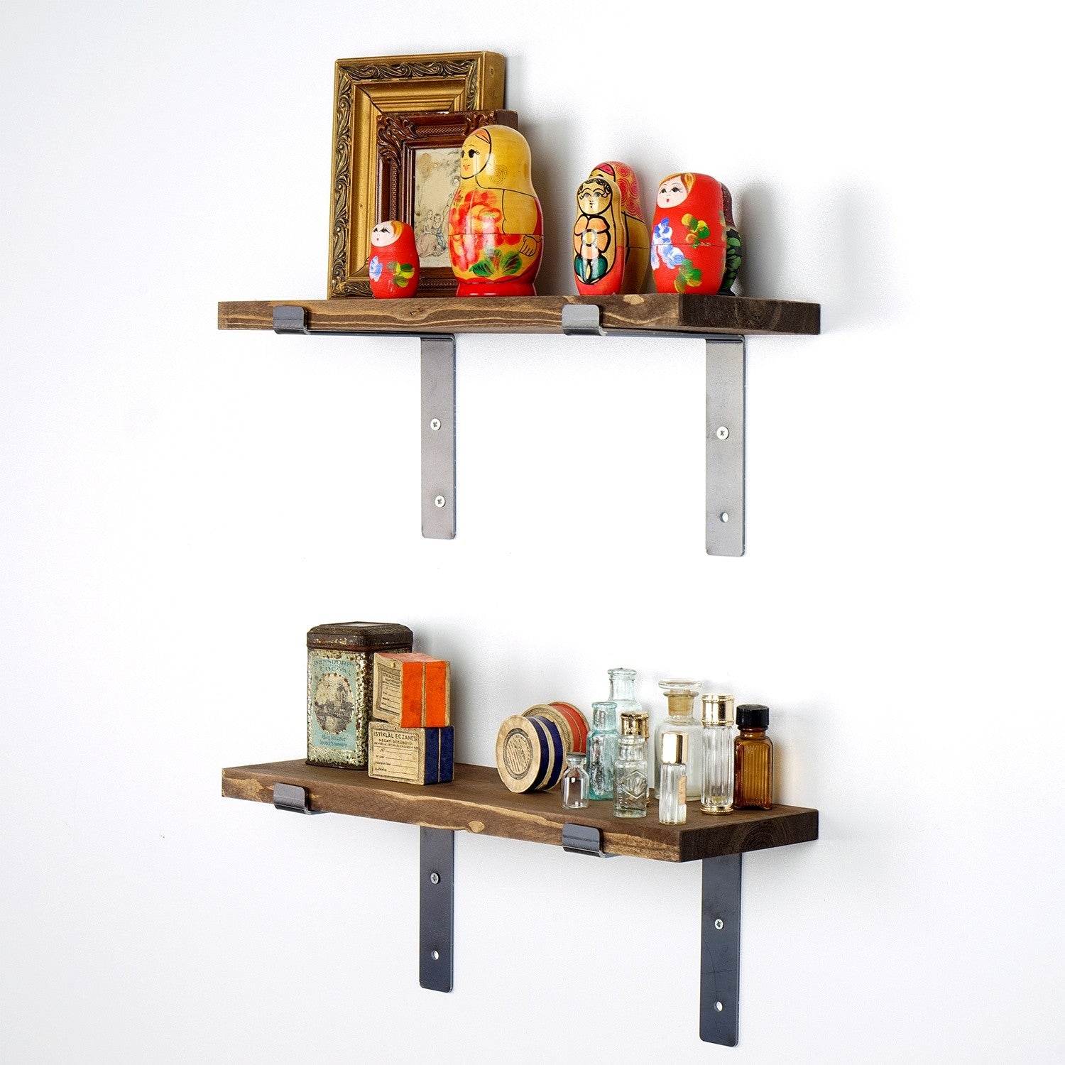 Prateleira de parede decorativa de madeira feita à mão (2 peças), preta e nogueira, 40 x 16 x 14 cm | 100% madeira de abeto e metal | Estilo boêmio, industrial e rústico, capacidade para 10 kg