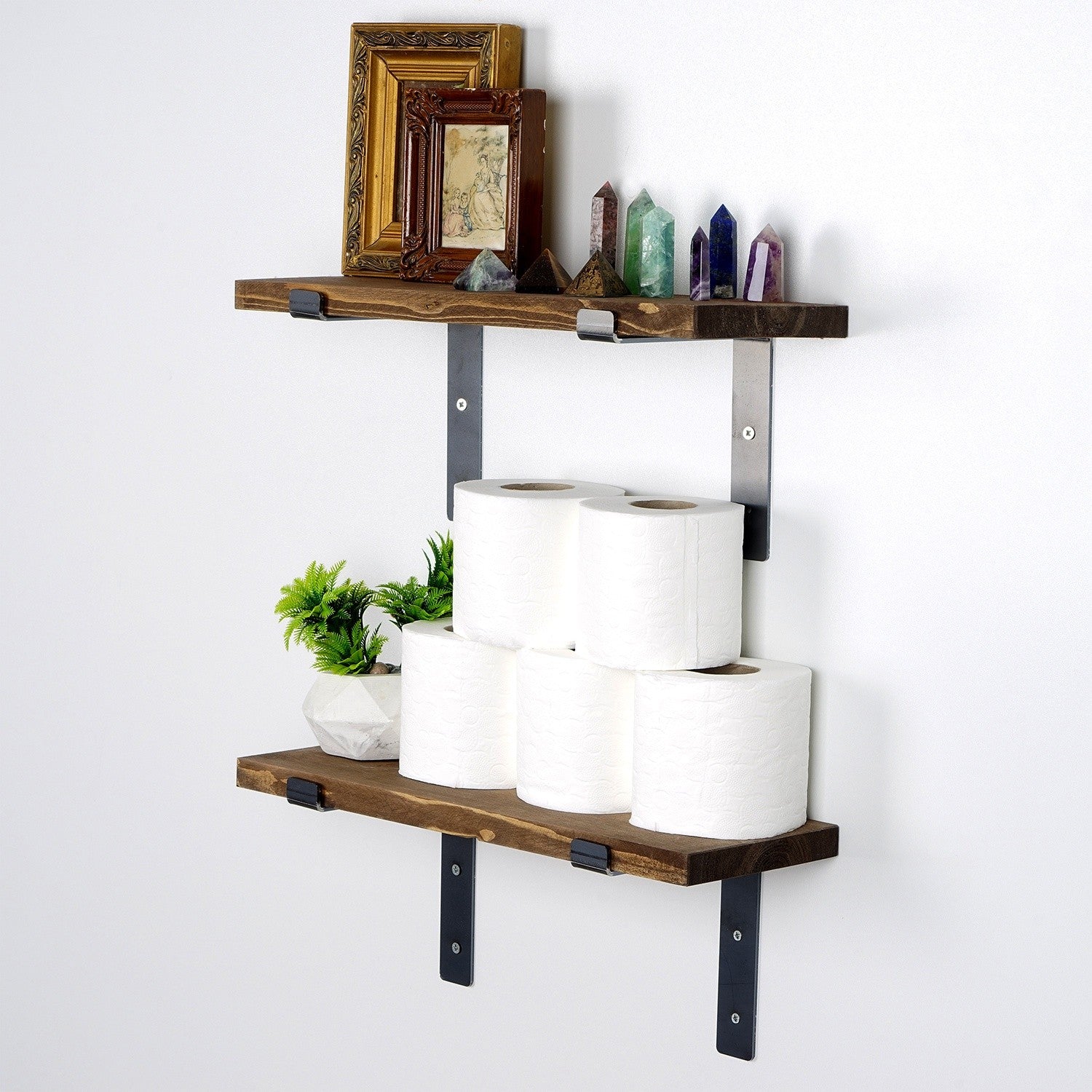 Prateleira de parede decorativa de madeira feita à mão, 40 x 16 x 14 cm | 100% madeira de abeto e metal | Preto e nogueira | Estilo boêmio, industrial, rústico, para montagem na parede