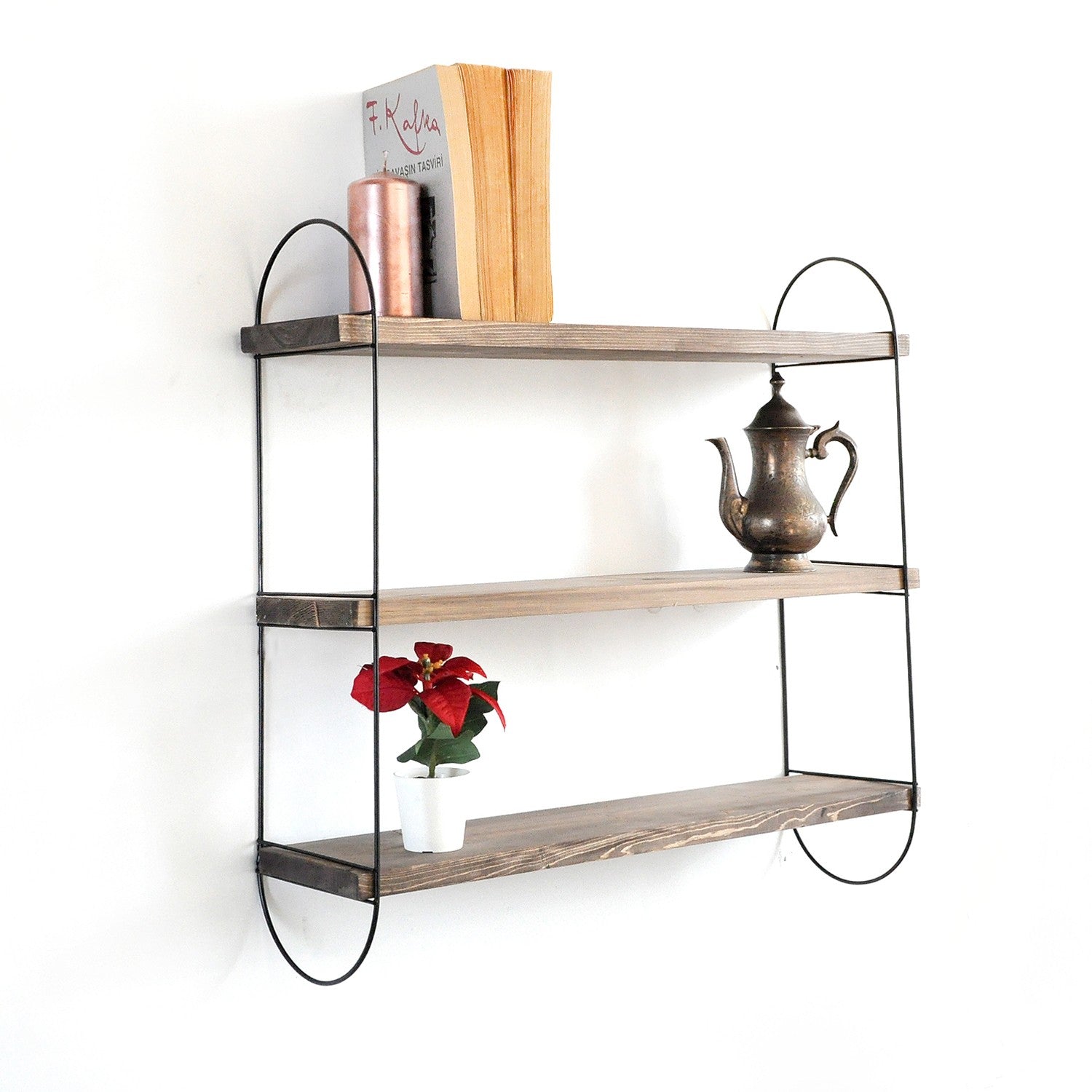 Prateleira de parede decorativa de madeira feita à mão, 60x55x15 cm, 100% madeira de abeto e estrutura de metal, nogueira e preto | Estilo boêmio, industrial e rústico | Capacidade de 5 kg