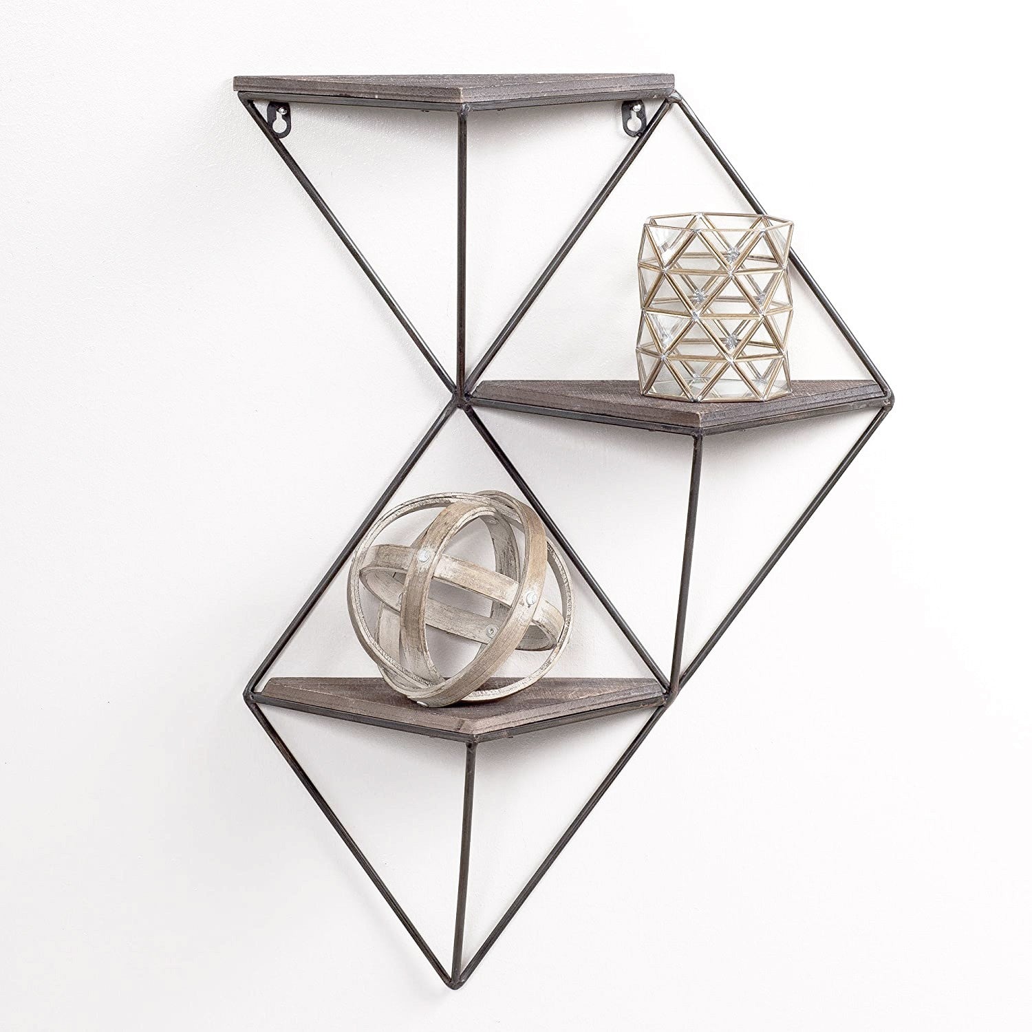 Prateleira de parede decorativa de madeira, 45 x 34 x 13 cm, 100% madeira de abeto e estrutura de metal, nogueira e preto | Montável na parede, capacidade de 5 kg | Design rústico moderno