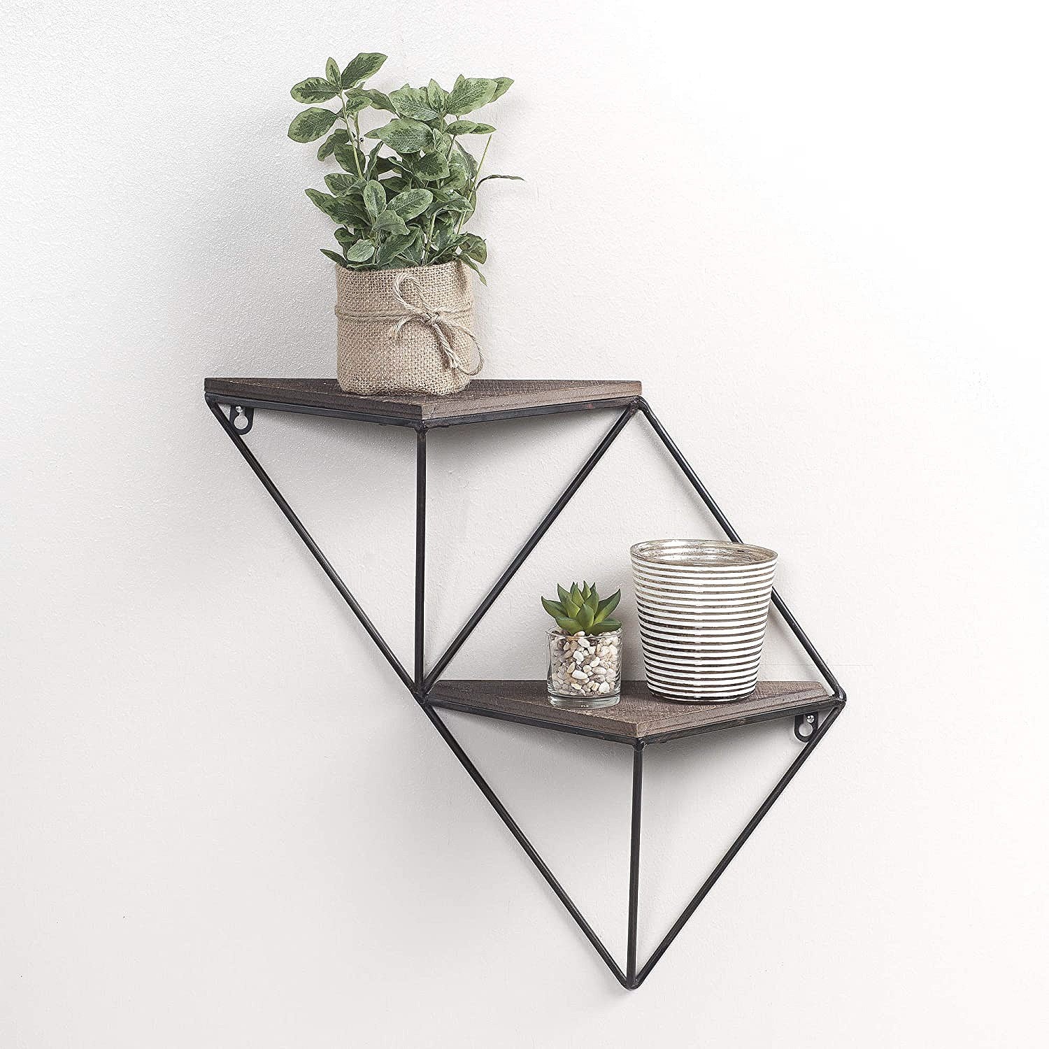 Prateleira de parede decorativa de madeira, 33x30x13 cm, nogueira e preta | 100% madeira de abeto e estrutura de metal | Design rústico industrial moderno, montável na parede, capacidade de 5 kg